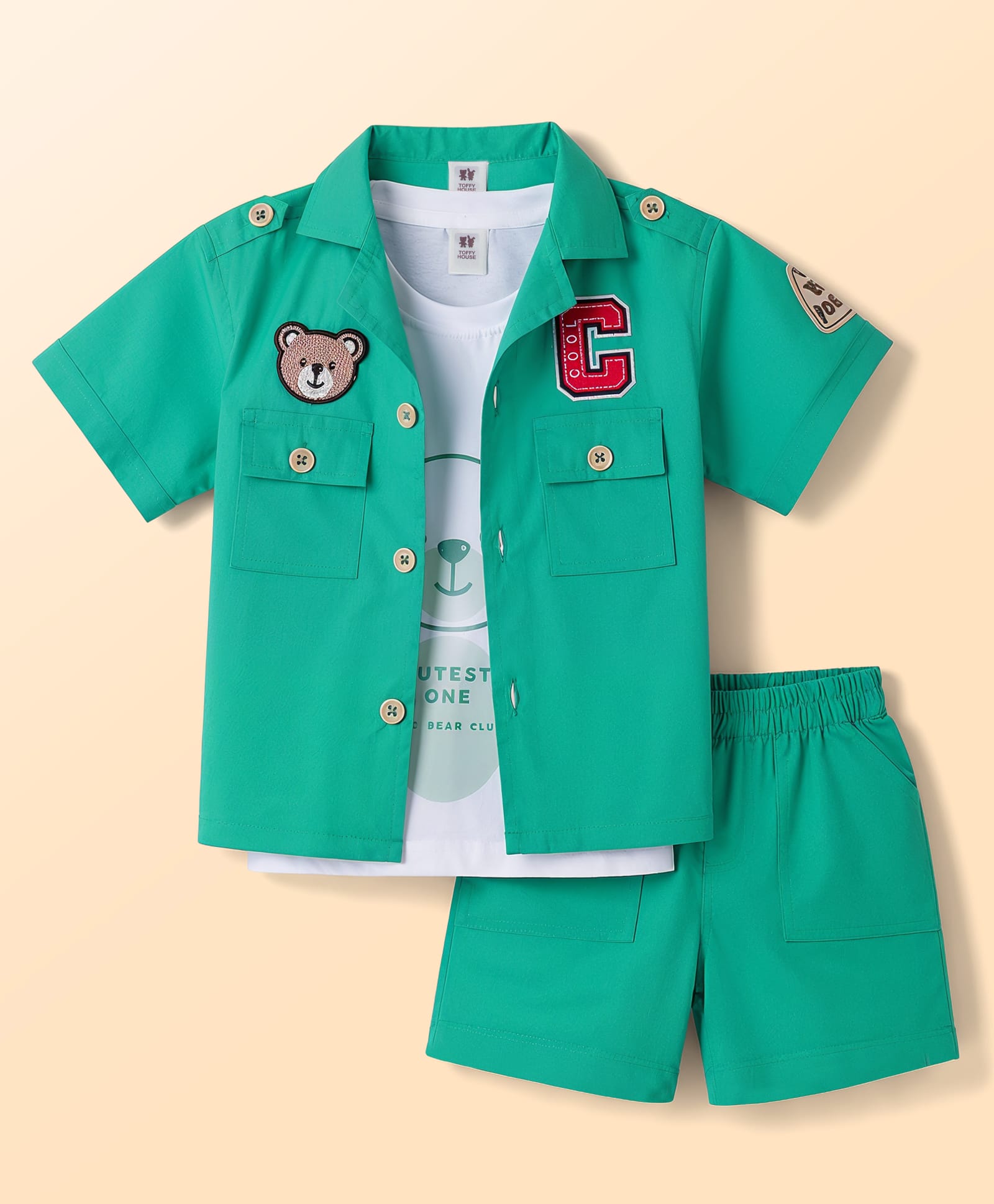 ToffyHouse Cotton Knit Half Sleeves Shirt & Shorts Set With T-Shirt & Teddy Print - Green-image-24