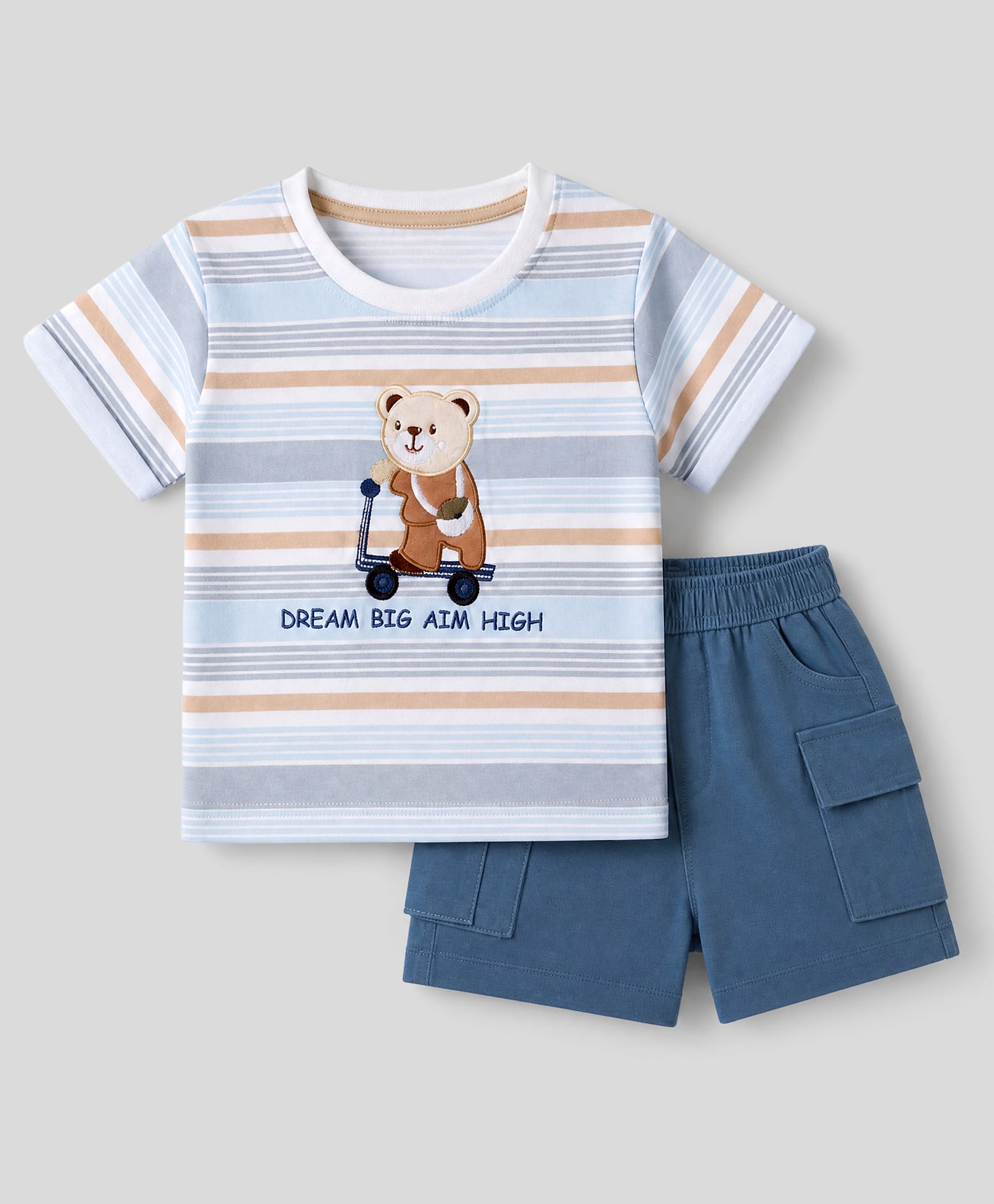ToffyHouse Interlock Knit Half Sleeves T-Shirt & Shorts Set With Teddy Embroidery - White & Blue-image-43