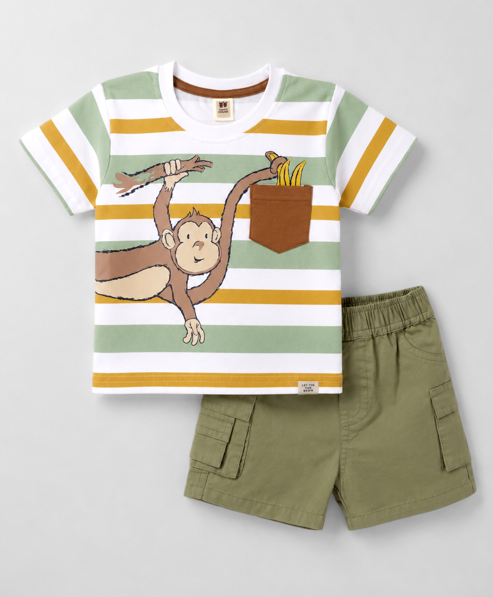ToffyHouse Interlock Knit Half Sleeves Striped T-Shirt & Shorts Set With Monkey Print - Multicolor-picture-12