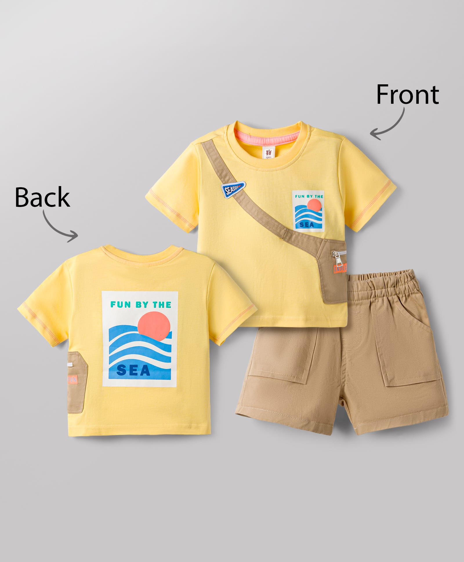 ToffyHouse Interlock Knit Half Sleeves Front & Back Beach Theme Printed T-Shirt & Shorts Set with Attached Pouch Pocket - Yellow-image-31
