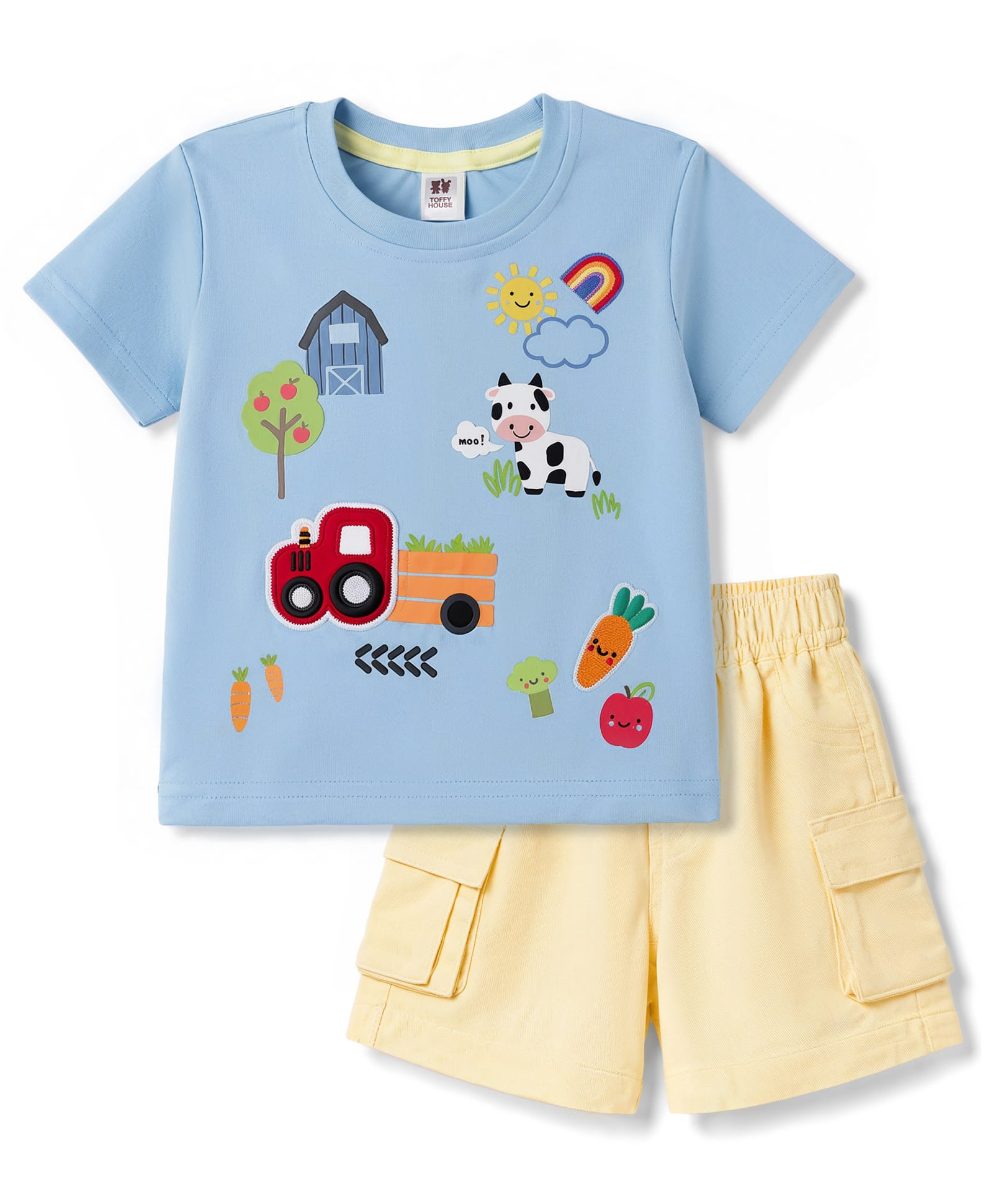 ToffyHouse Interlock Knit Half Sleeves Tshirt & Shorts Set With Vehicle Embroidery & Tropical Print - Blue-image-48
