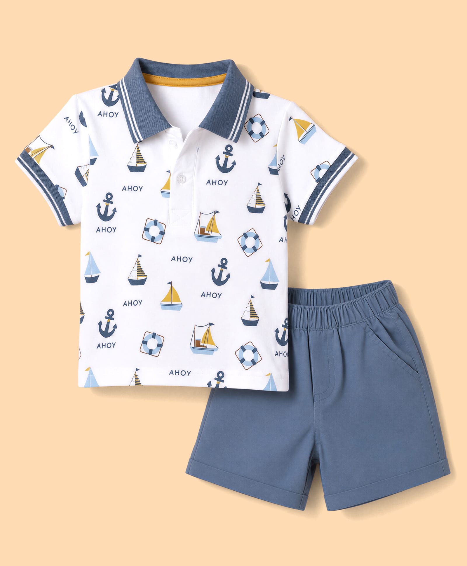 ToffyHouse Interlock Knit Half Sleeves Polo T-Shirt & Shorts with Boat Print - White & Navy-picture-7
