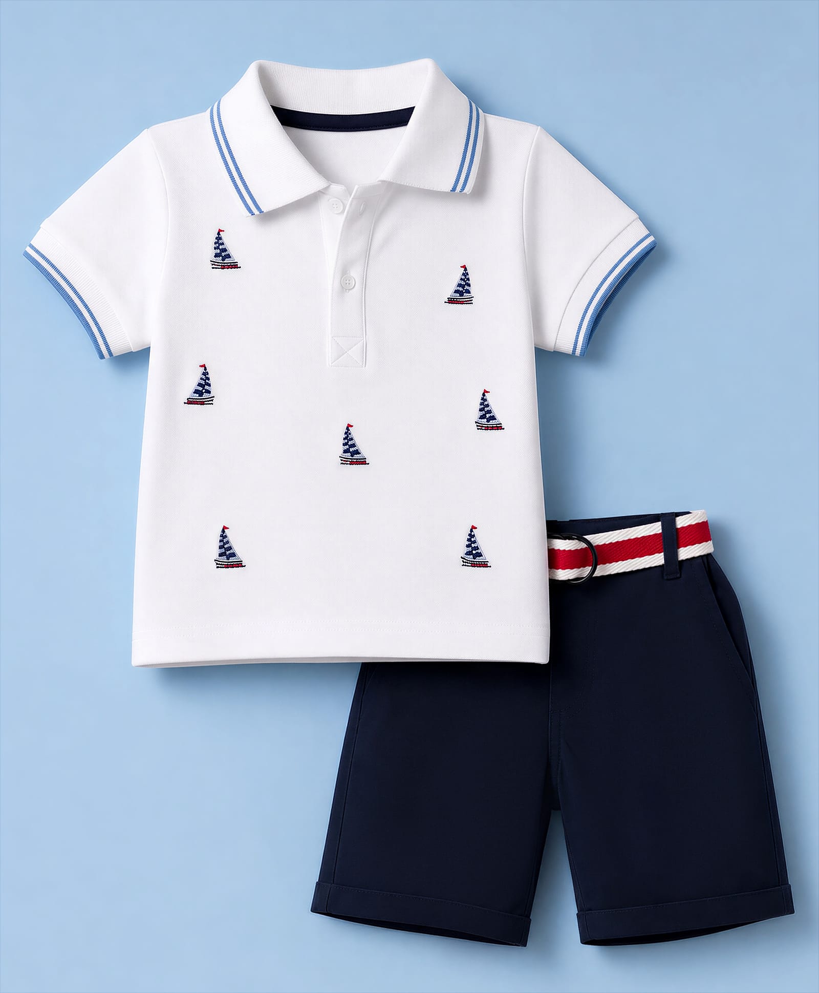 ToffyHouse Interlock Knit Half Sleeves Polo T-Shirt & Shorts with Boat Embroidered - White & Navy-image-34