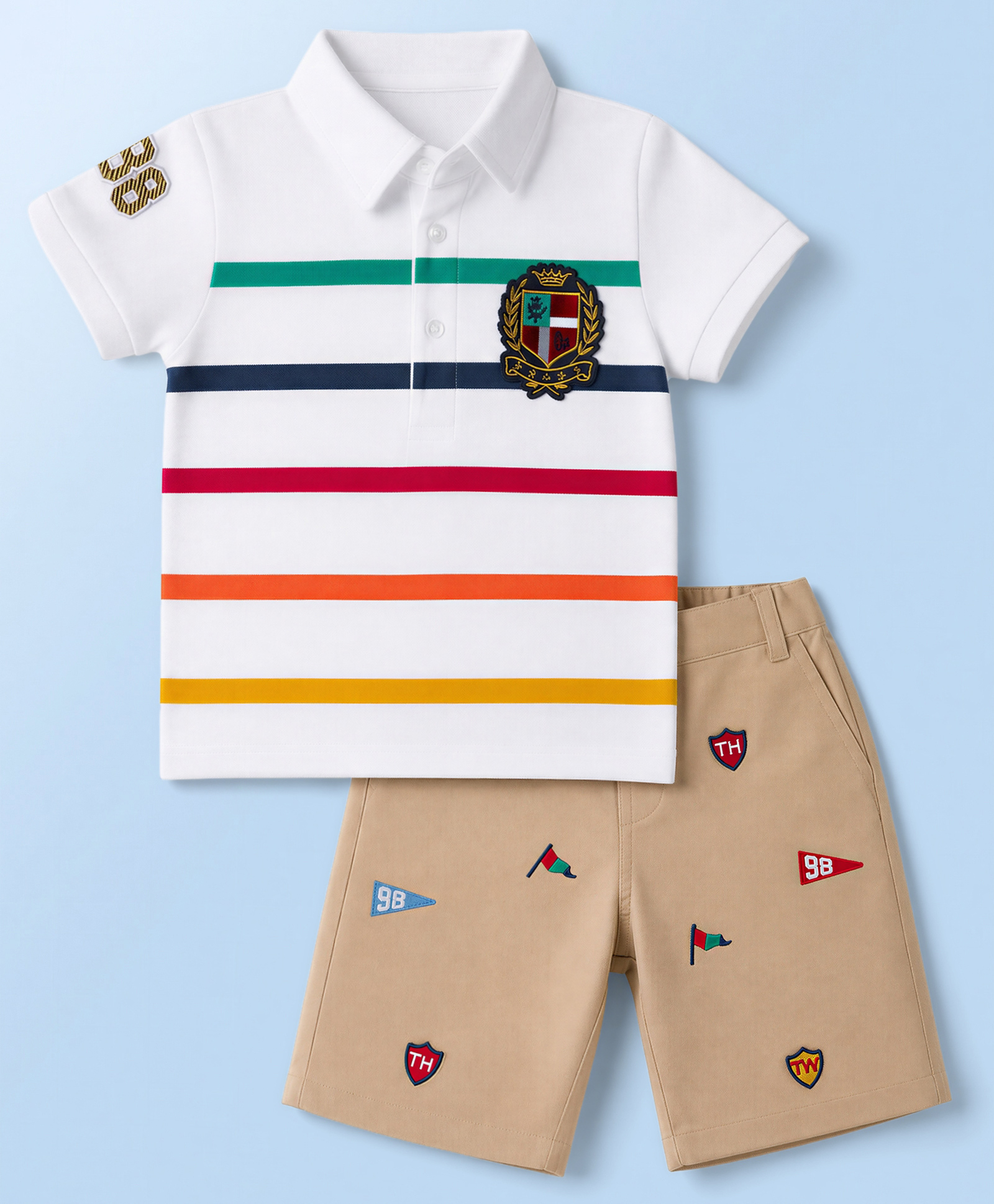 ToffyHouse Interlock Knit Half Sleeves Striped T-Shirt & Printed Shorts Set - White-image-24