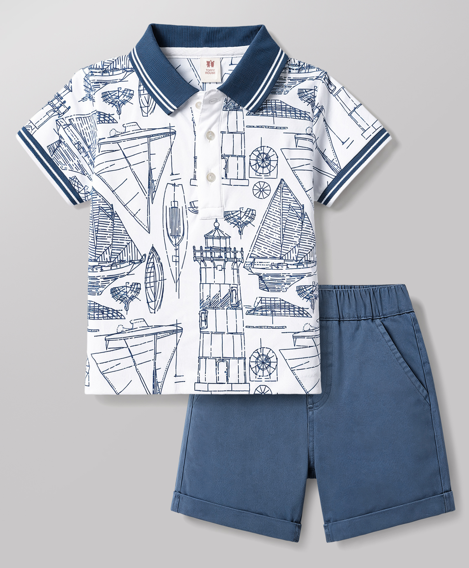 ToffyHouse Interlock Knit Half Sleeves Nautical Theme Printed Polo T-Shirt & Shorts Set - White-picture-27