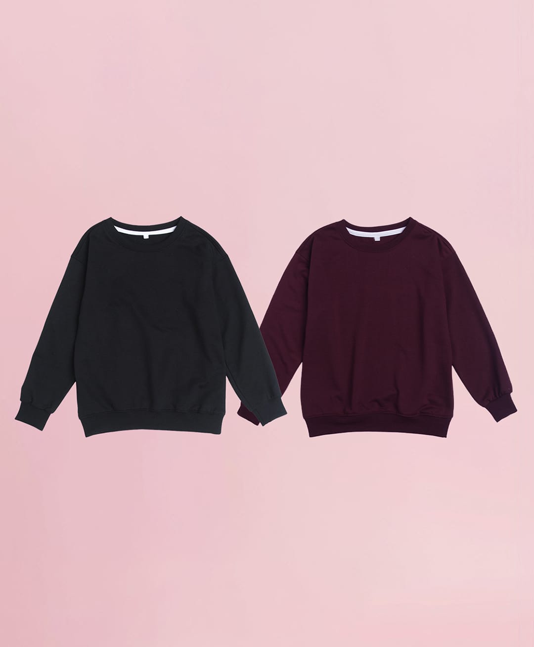 NUSYL Fleece Knit Pack Of 2 Full Sleeves Solid Light Winter Sweatshirts - Black & Burgundy-picture-15