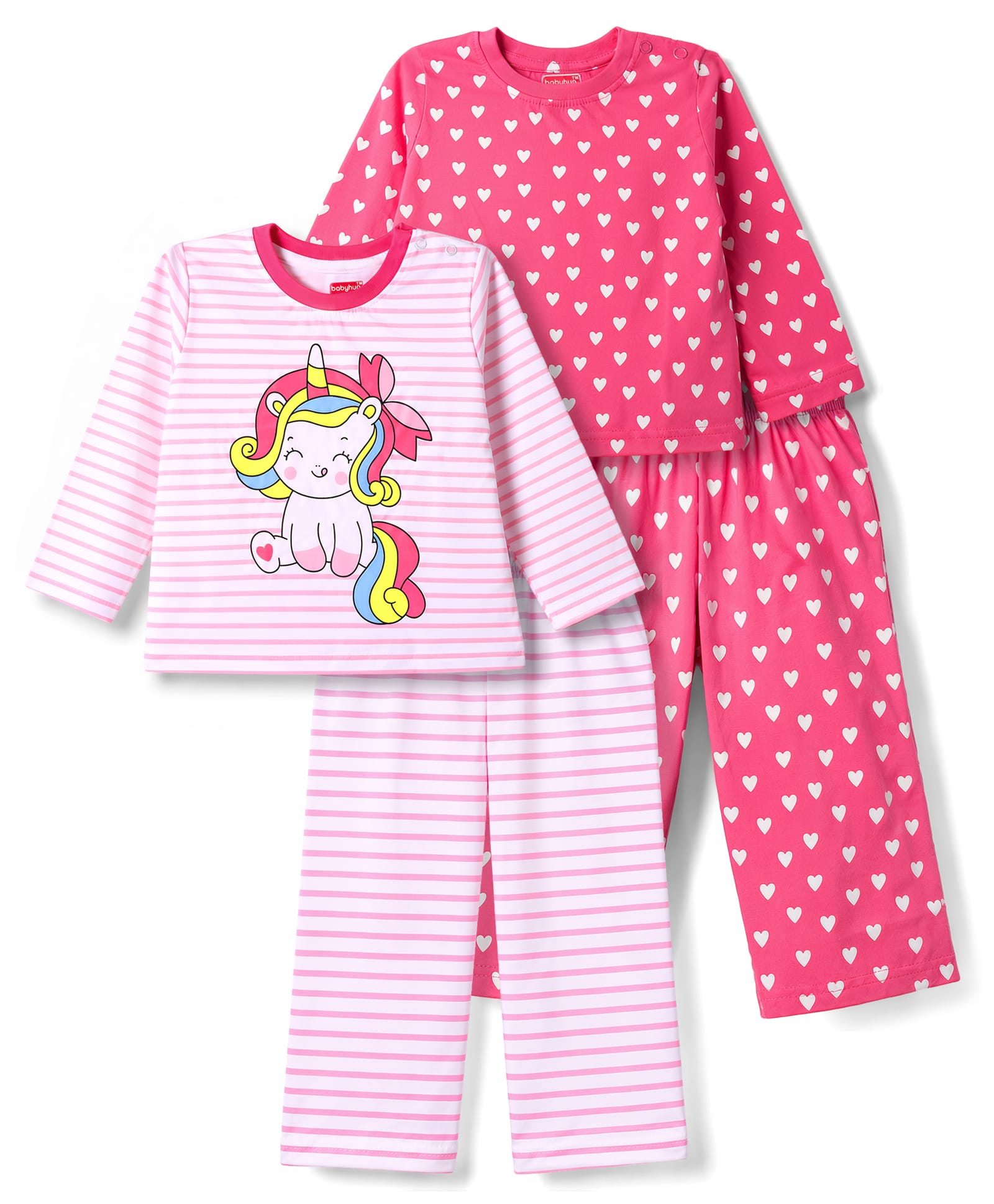 Babyhug Cotton Knit Full Sleeves Hearts Unicorn & Striped Printed Co-Ords T-Shirt & Pyjama Night Suit Pack Of 2 - Multicolor-picture-13
