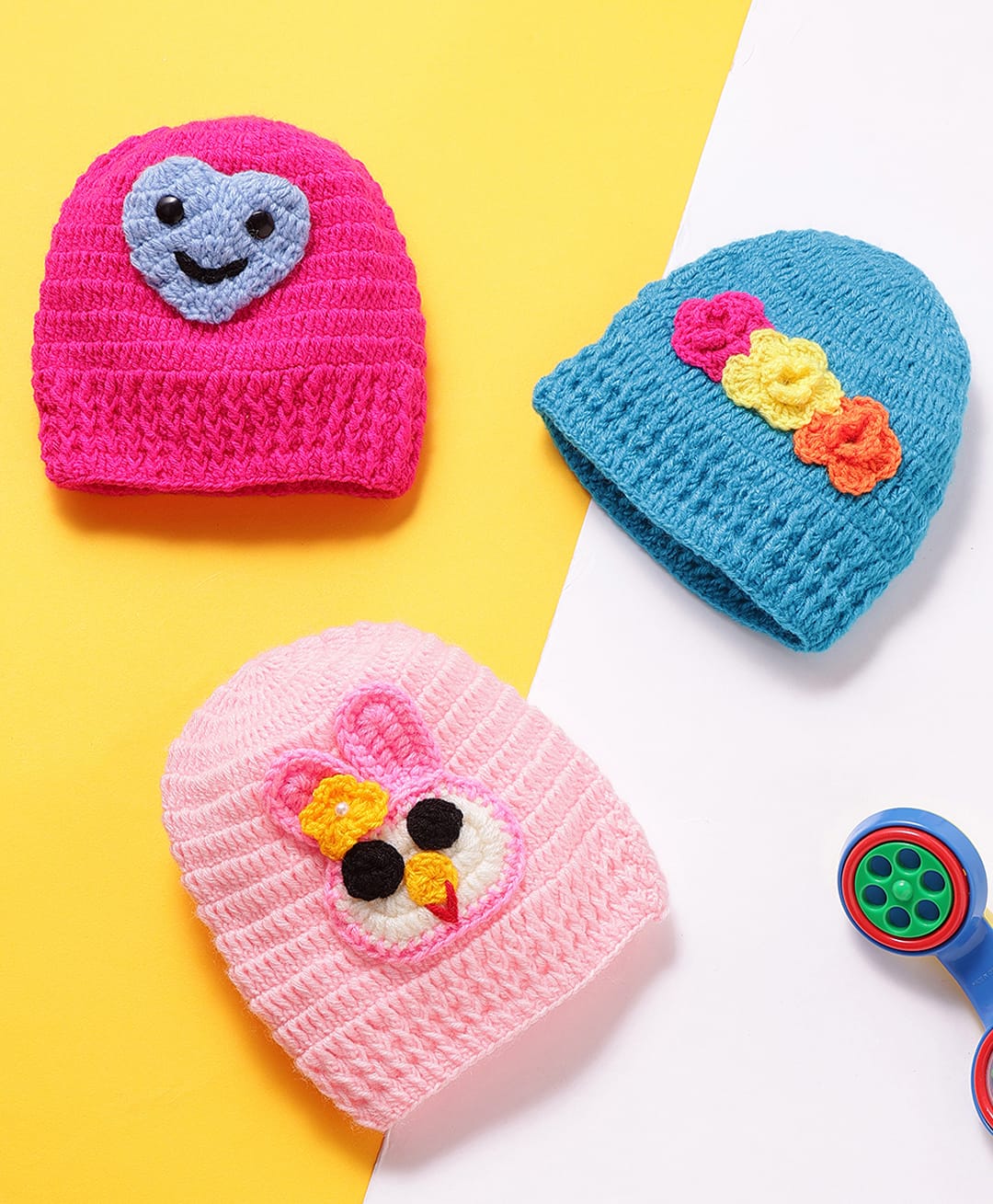 MayRa Knits Hand Knitted Pack Of 3 Heart & Floral Applique Detailed Crochet Caps - Pink & Blue - Circumference 25 Cm-picture-10