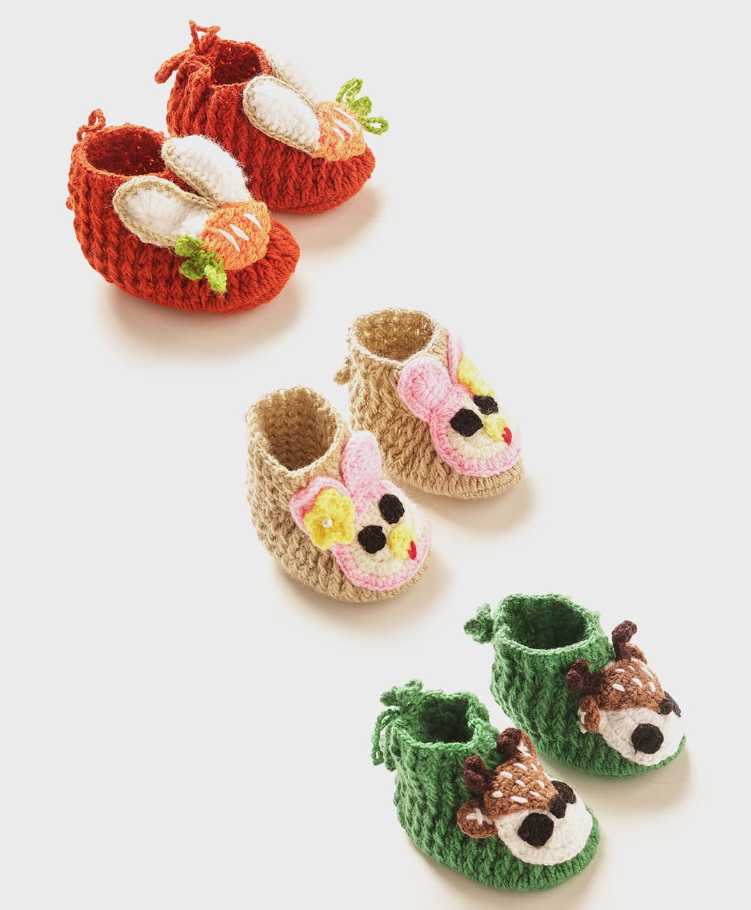 MayRa Knits Hand Knitted Pack Of 3 Animal Applique Crochet Booties -Red Beige Green-picture-14