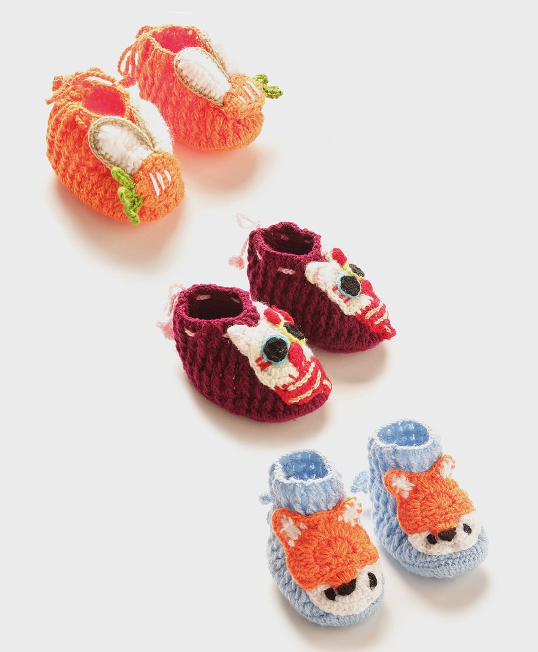 MayRa Knits Hand Knitted Pack Of 3 Animal Applique Crochet Booties - Orange Magenta Blue-picture-11