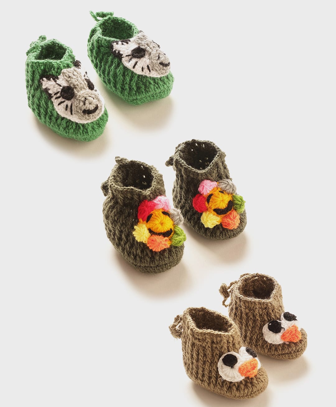 MayRa Knits Hand Knitted Pack Of 3 Animal & Floral Applique Crochet Booties - Green Black Brown-picture-11