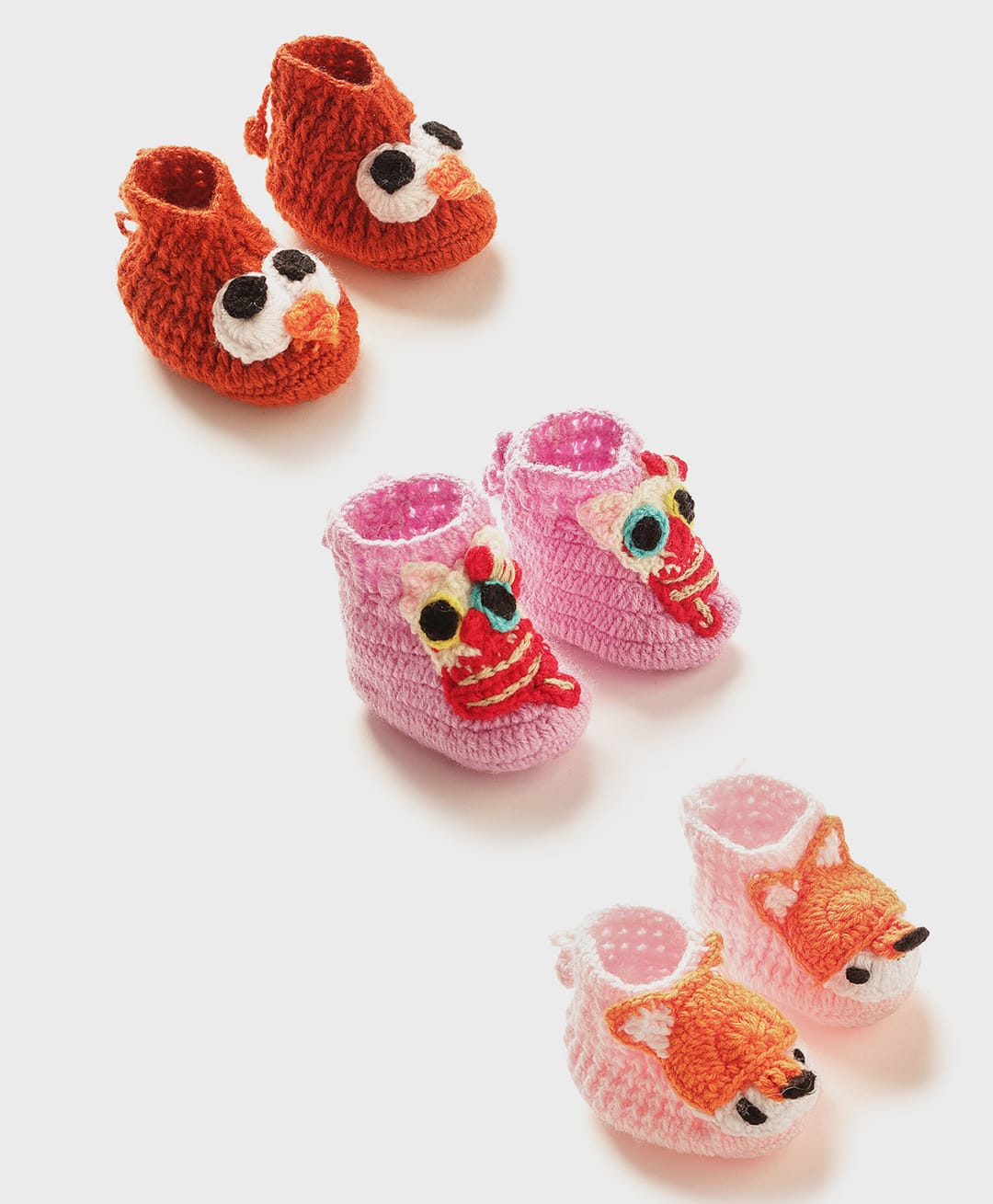 MayRa Knits Set Of 3 Knitted Bird & Fox Applique Detailed Booties -Red Purple & Pink-picture-17