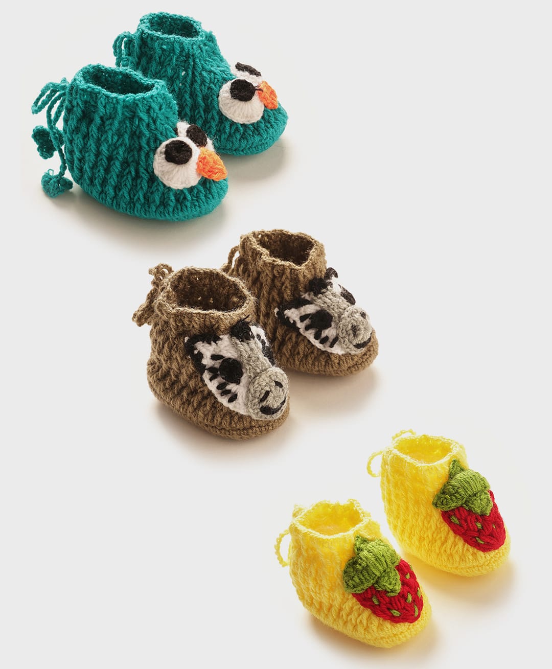 MayRa Knits Set Of 3 Knitted Bird Face & Cow Applique Detailed Booties - Brown Blue & Yellow-picture-10