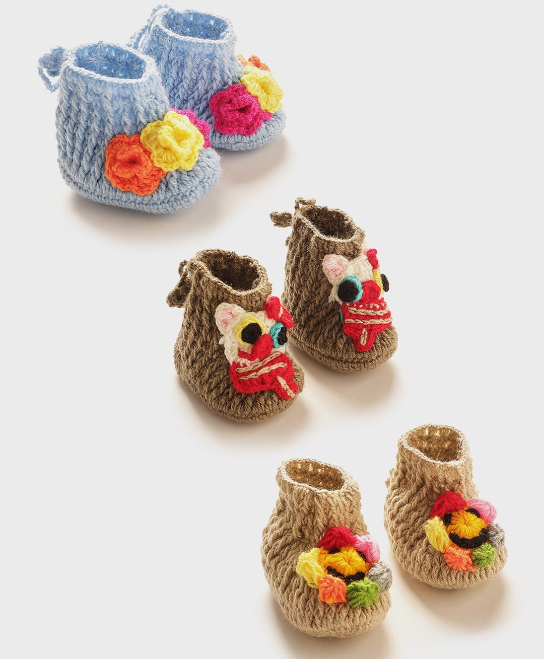 MayRa Knits Set Of 3 Knitted Bird Face & Floral Applique Detailed Booties - Blue Brown Beige-picture-20