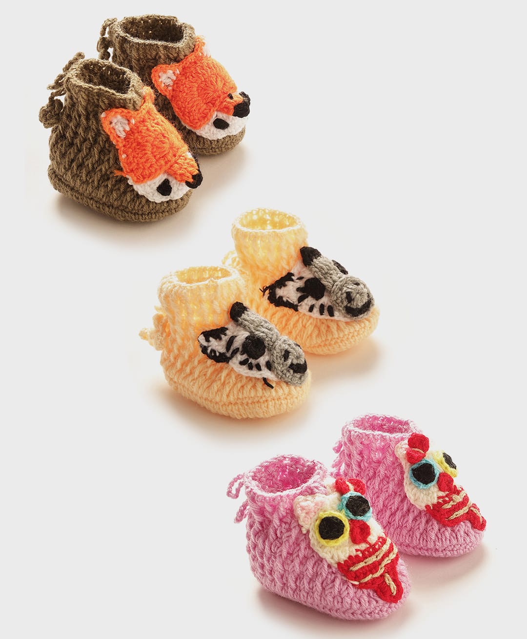 MayRa Knits Set Of 3 Knitted Cow & Fox Applique Detailed Booties - Brown Peach & Purple-image-16