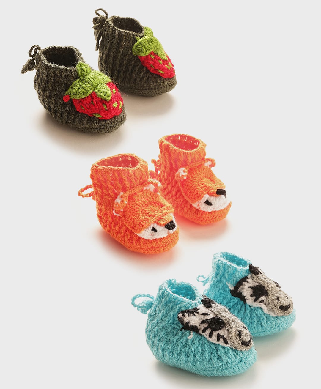 MayRa Knits Hand Knitted Set Of 3 Animal & Strawberry Applique Detailed Booties - Black Orange & Blue-image-2