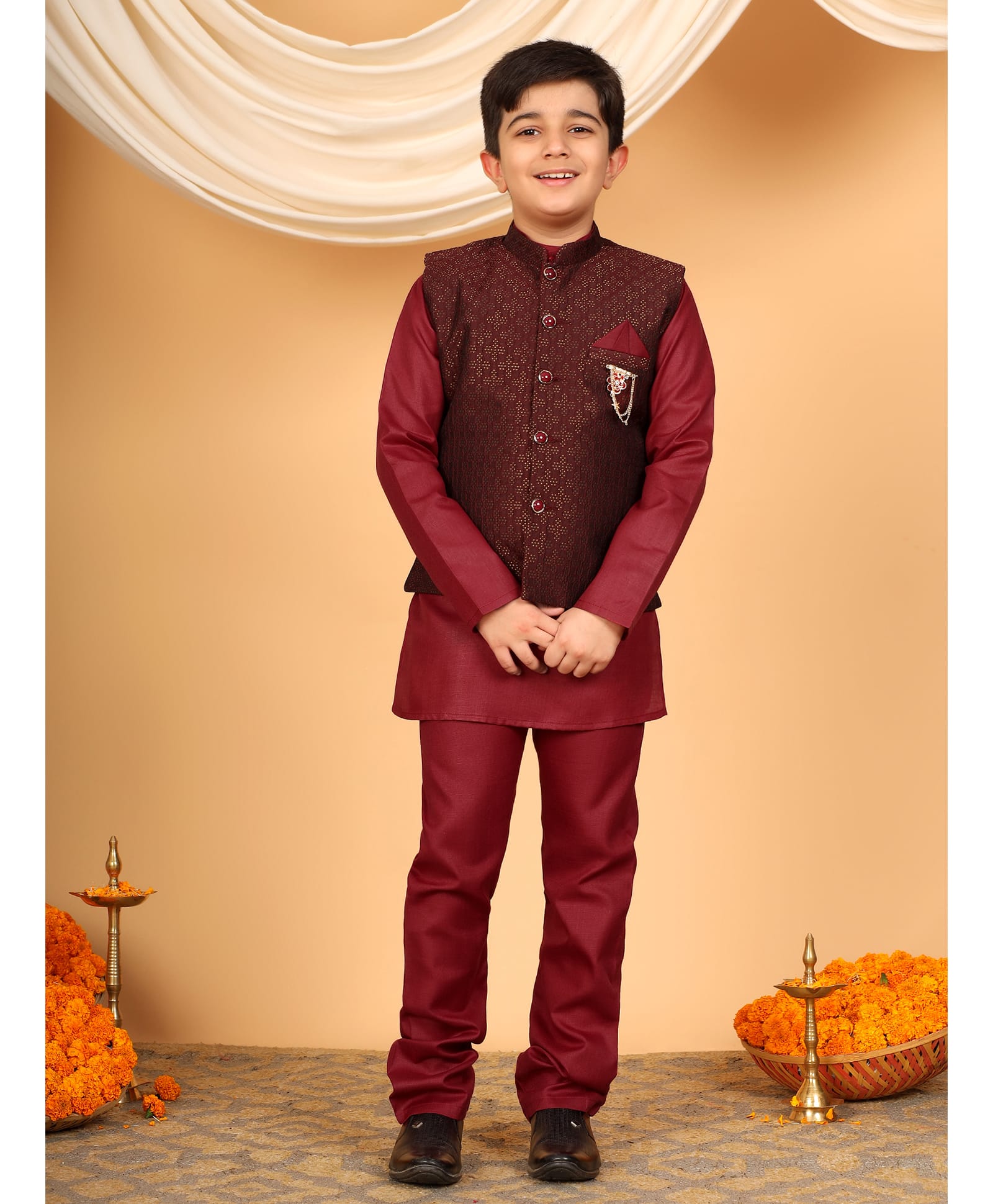 BT DEZINES Cotton Blend Woven Full Sleeves Solid Kurta Pyjama Set with Polka Dots Foil Printed & Floral Brooch Detailed Jacket - Maroon-image-17