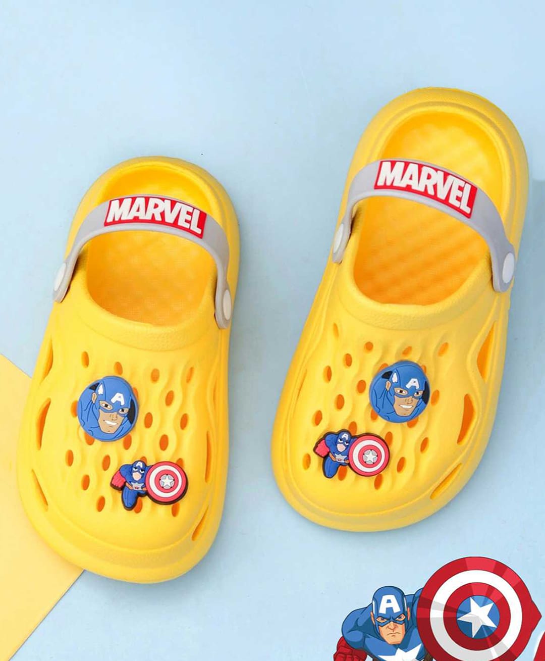 Yellow Bee Marvel Featuring Captain America Applique Detailed Perforated Slingback Clogs - Yellow-image-17