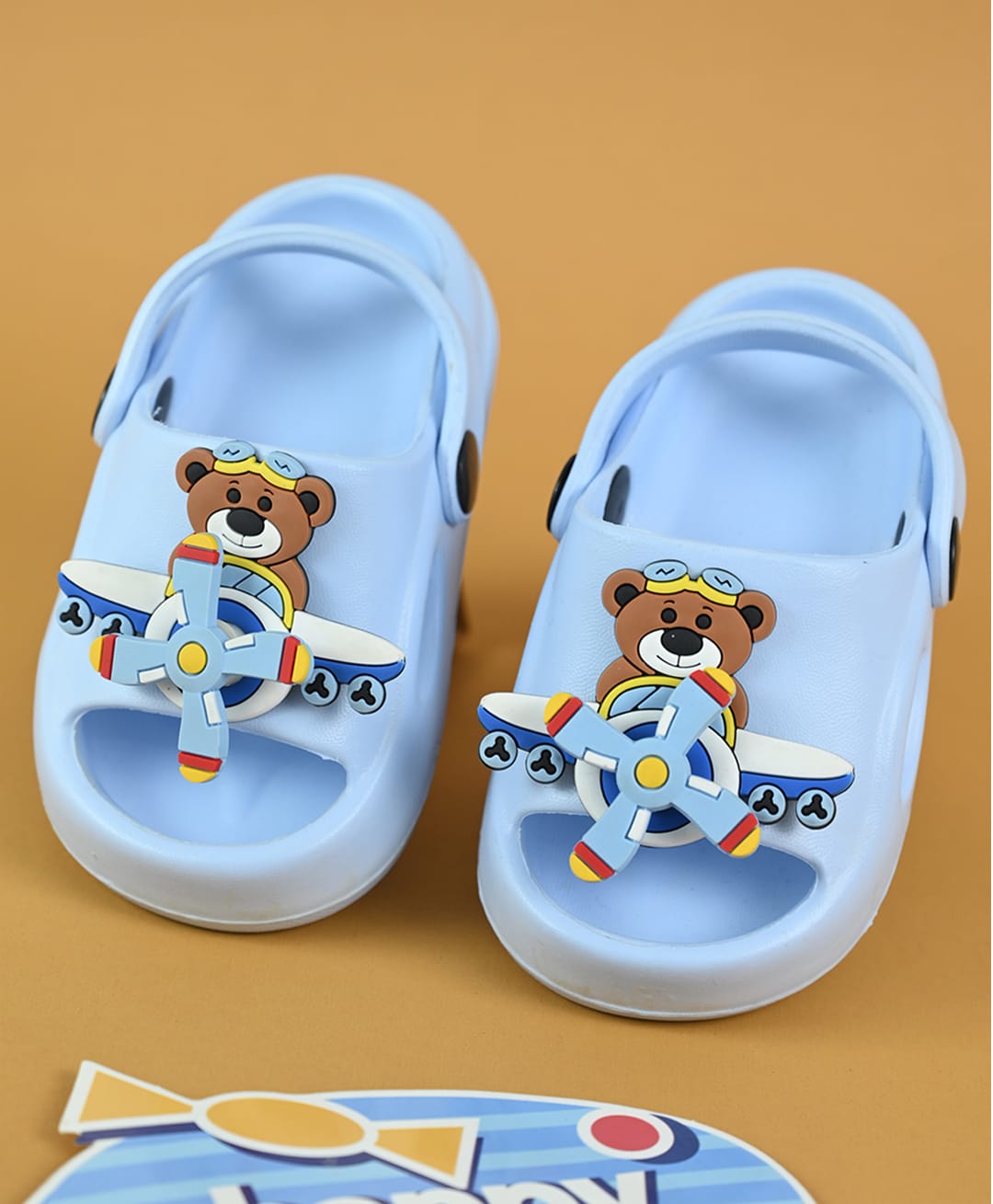 Yellow Bee Back Sling Clogs With Bear & Applique Detailed Air Plane Rotating Charm - Blue-image-22