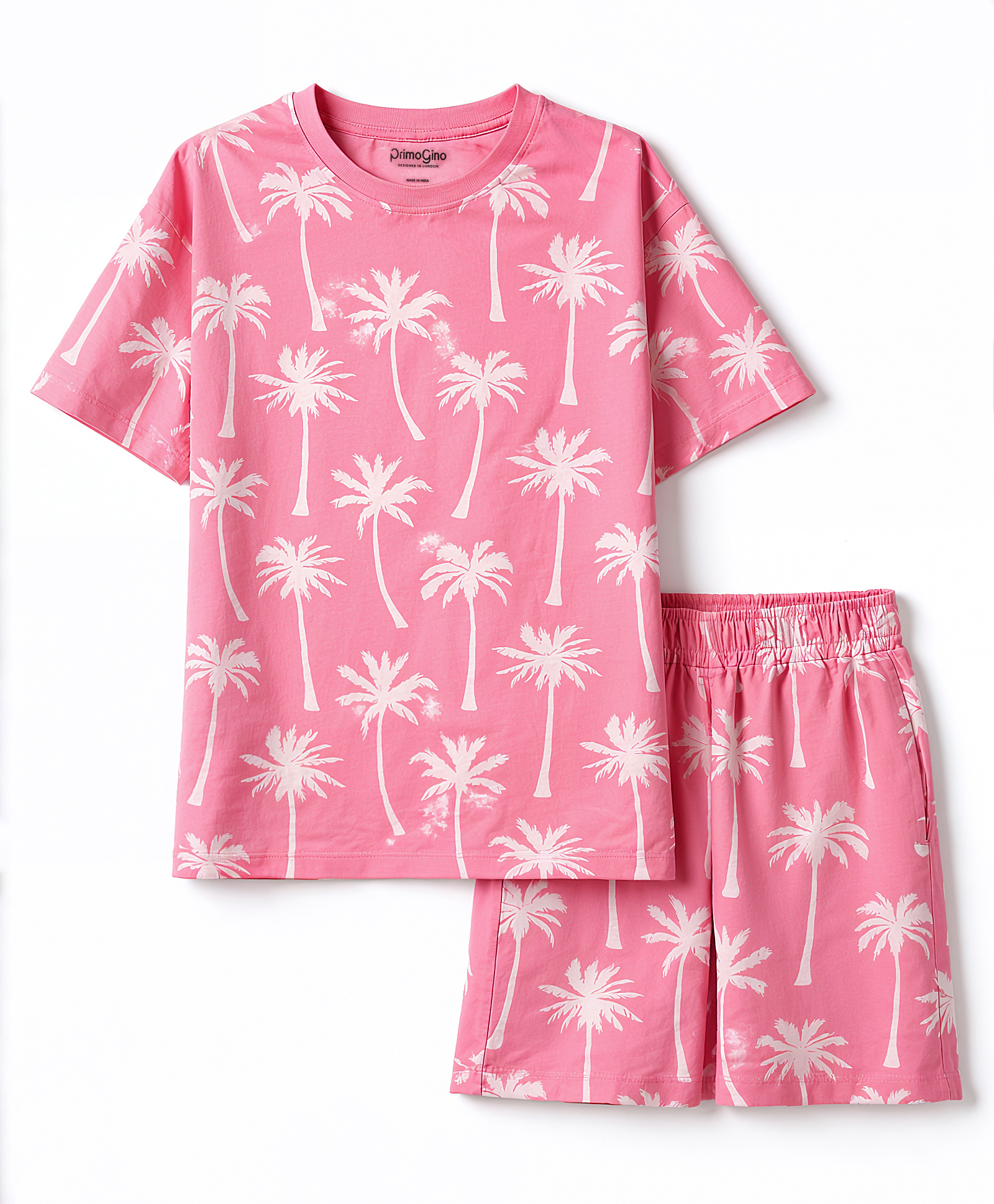 Primo Gino 100% Cotton Knit Half Sleeves Co-Ord T-Shirt & Shorts Night Suit With Tree Print - Pink-image-49