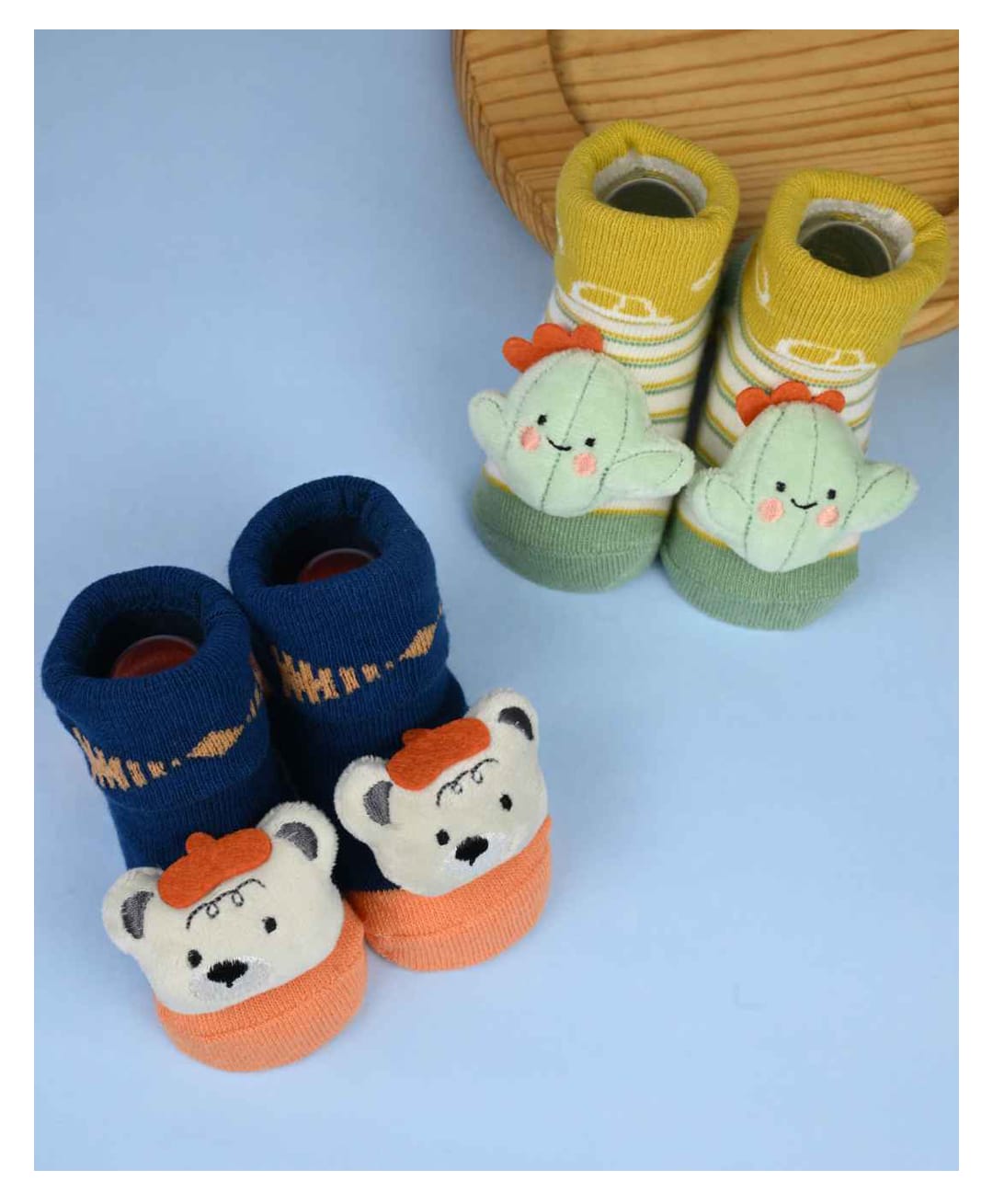 Yellow Bee Pack Of 2 Teddy Bear & Cactus Applique Detailed Socks - Multi Colour-image-28