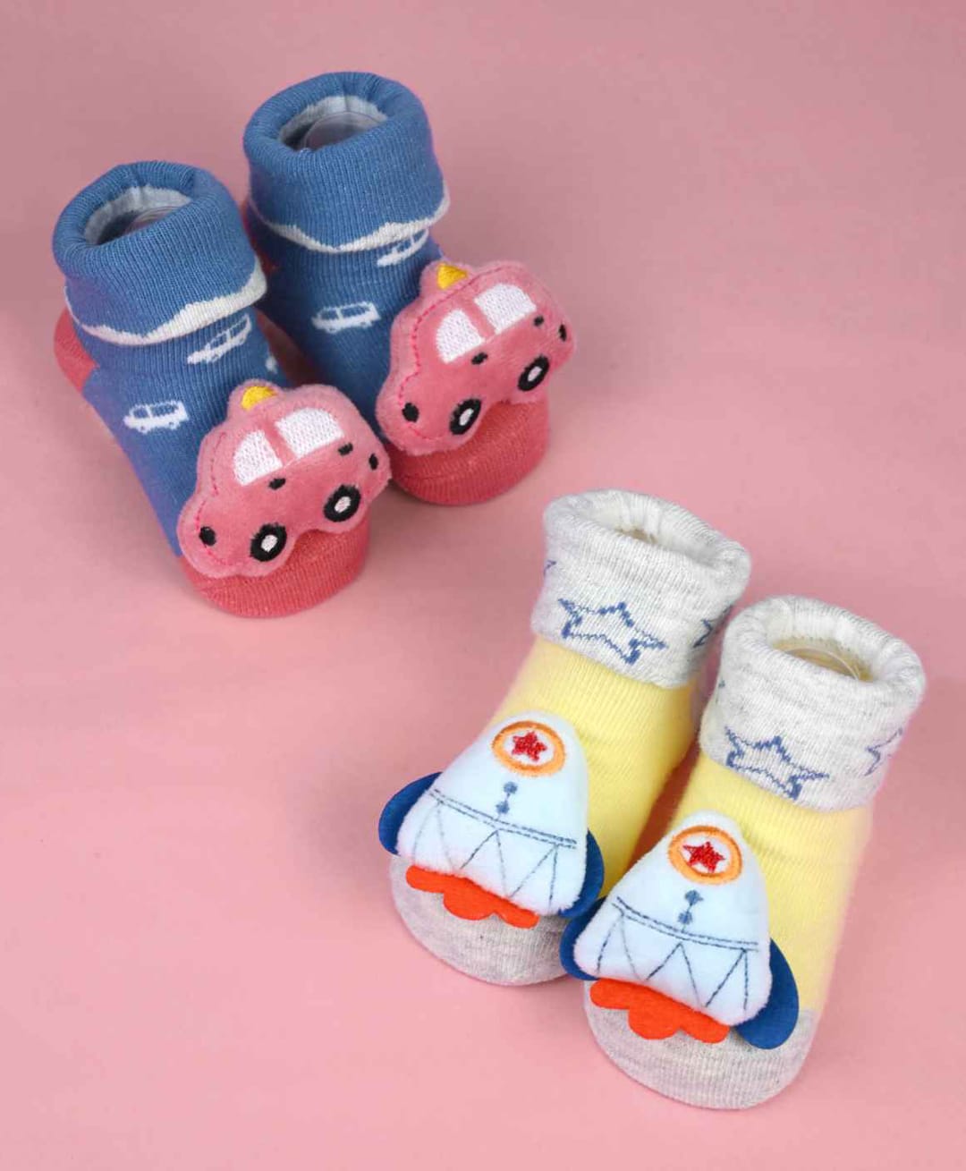 Yellow Bee Pack Of 2 Car & Rocket Applique Detailed Socks - Multi Colour-picture-16