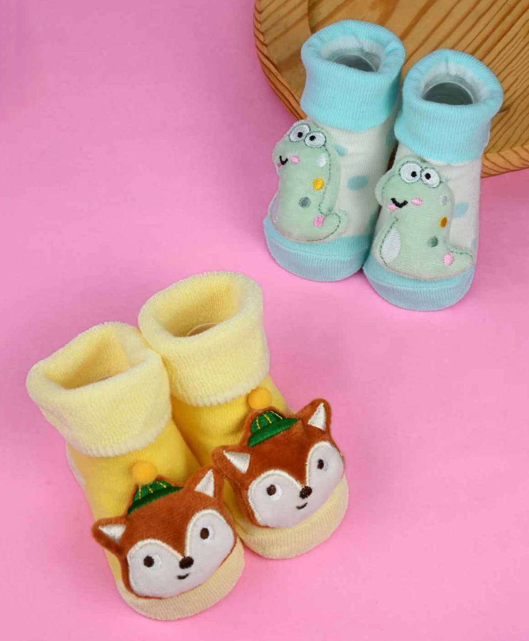 Yellow Bee Pack Of 2 Fox & Snake Applique Detailed Socks - Yellow & Aqua-picture-46