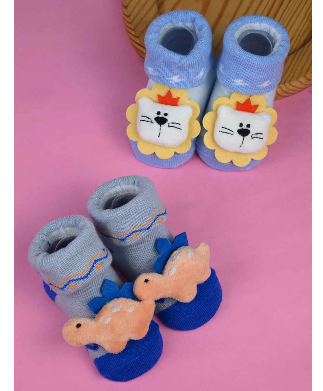 Yellow Bee Pack Of 2 Lion & Dinosaur Applique Detailed Socks - Grey & Blue-image-48