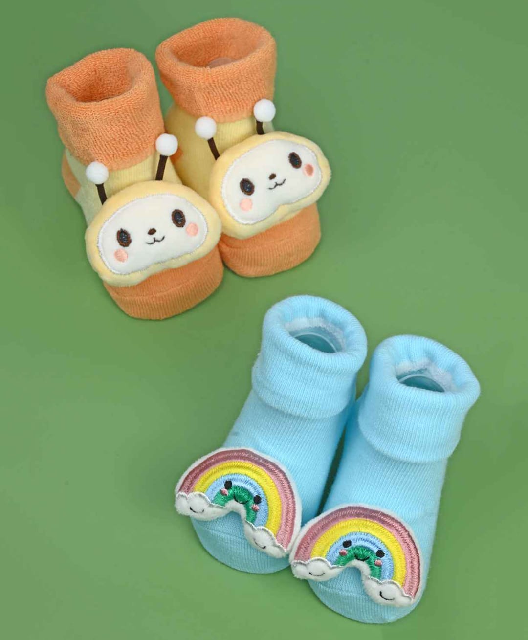 Yellow Bee Pack Of 2 Bee & Rainbow Applique Detailed Socks - Orange & Blue-picture-19
