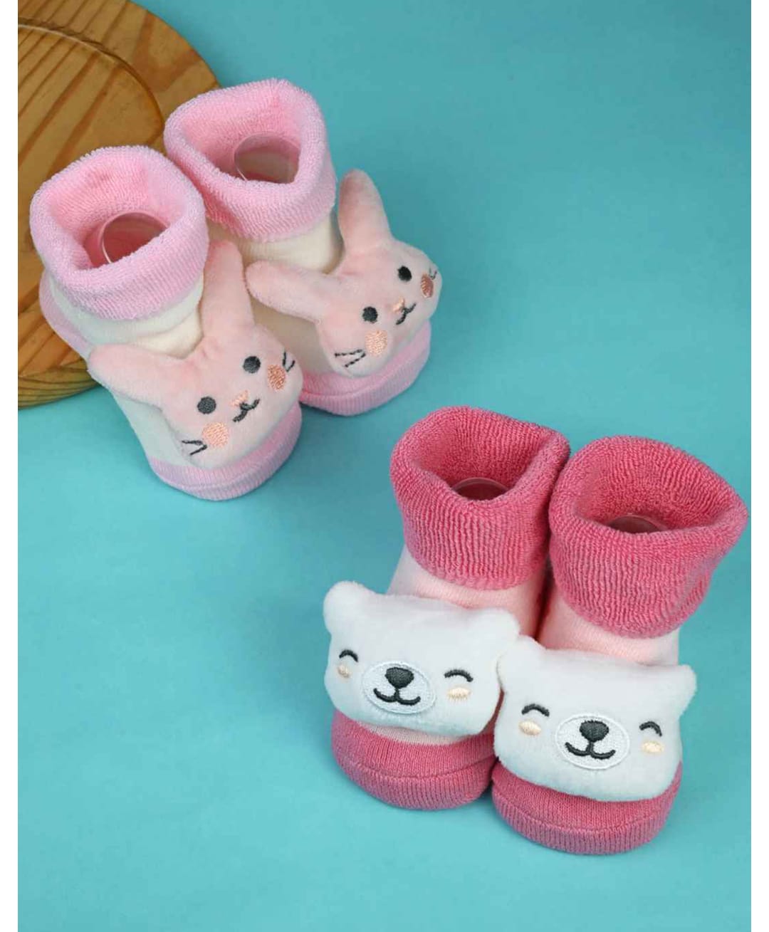 Yellow Bee Pack Of 2 Bunny & Polar Bear Applique Detailed Socks - Pink & Peach-picture-15