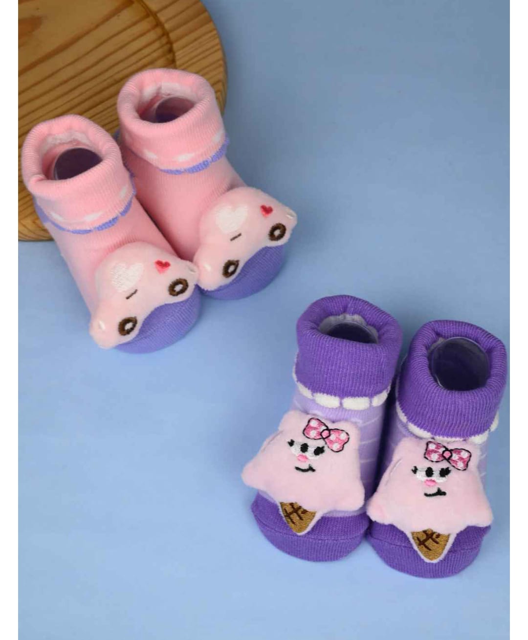 Yellow Bee Pack Of 2 Car & Ice Cream Applique Detailed Socks - Pink & Purple-image-19