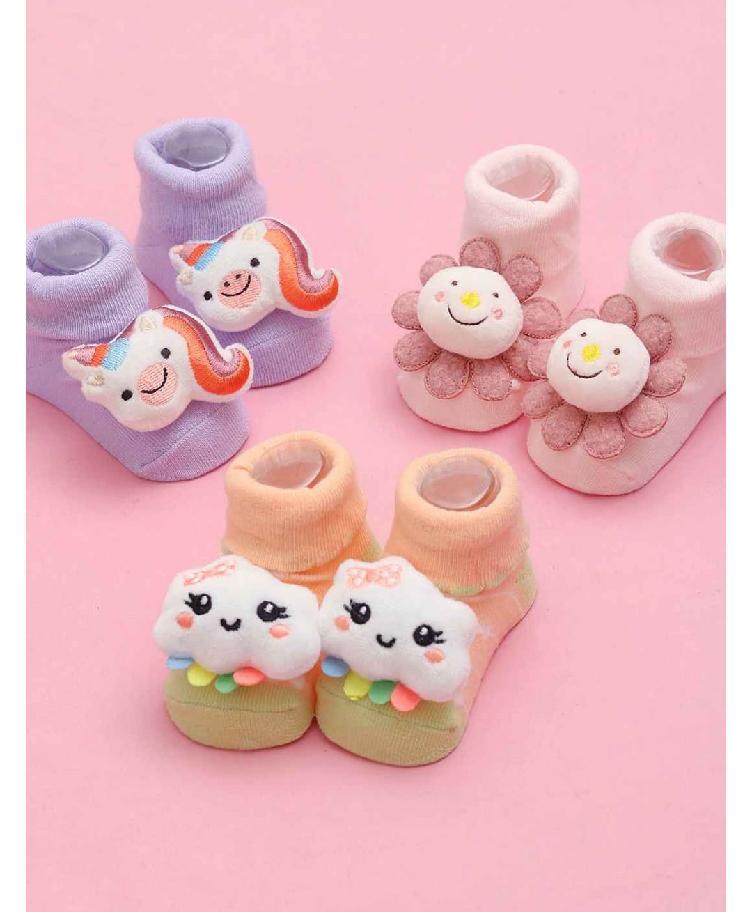 Yellow Bee Pack Of 3 Unicorn Floral & Cloud Applique Detailed Socks - Multi Colour-picture-1
