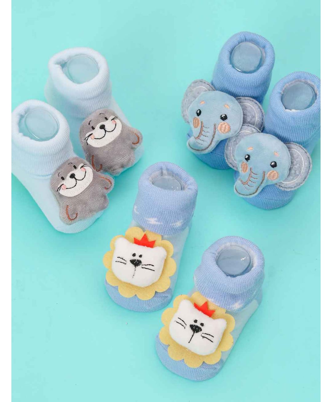 Yellow Bee Cotton Knit Pack Of 3 Cloud Animals 3D Applique Detailed Socks - Multi Colour-image-30
