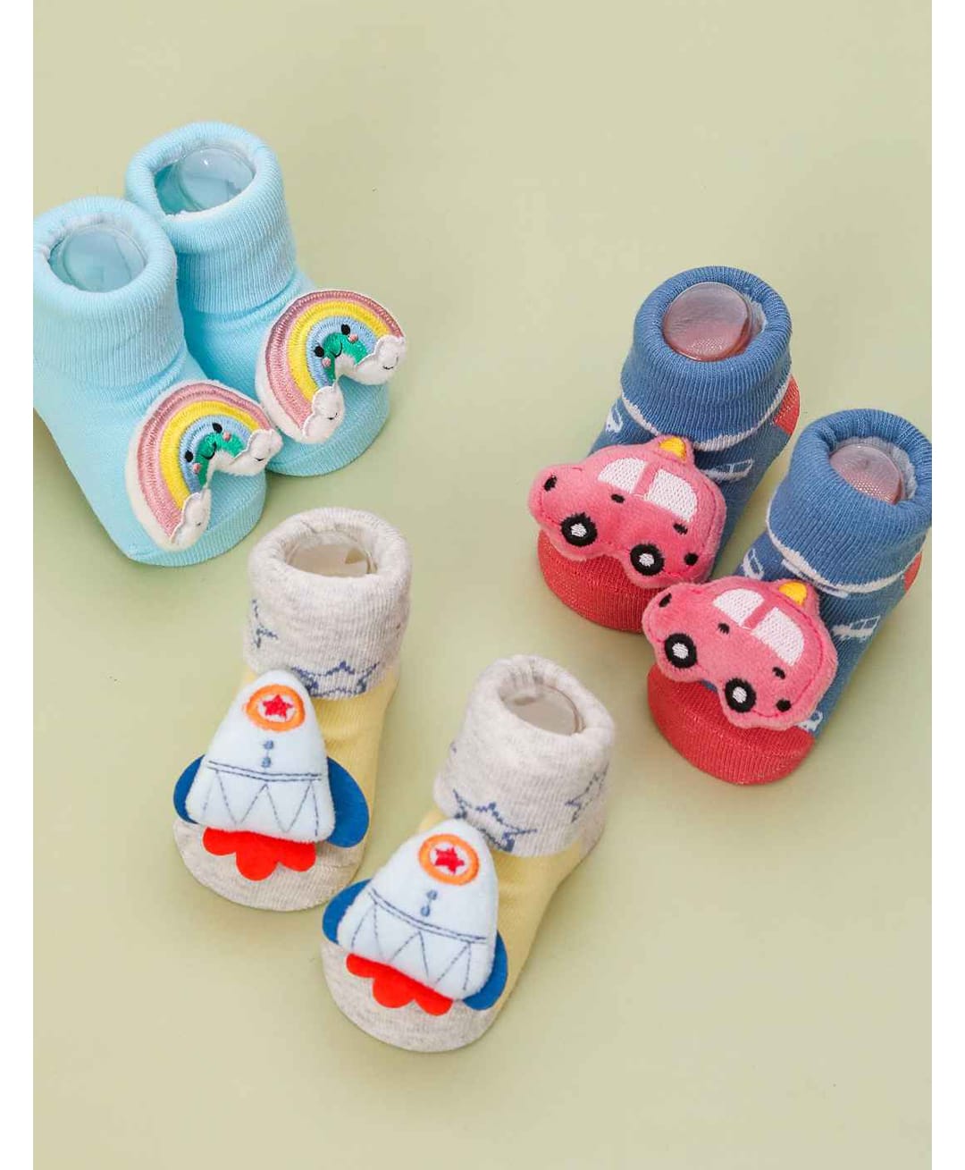 Yellow Bee Cotton Knit Pack Of 3 Rainbow & Car 3D Applique Detailed Socks - Multi Colour-image-25