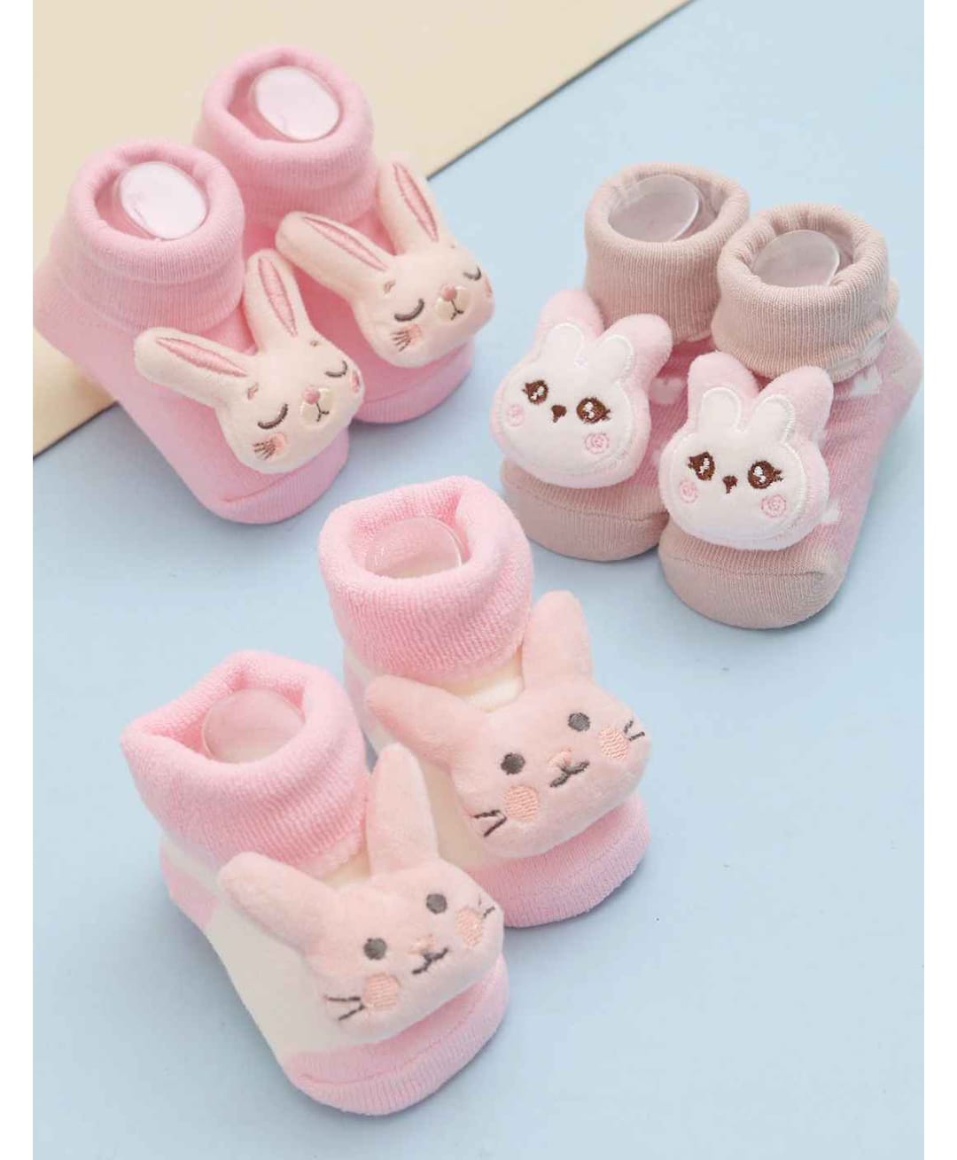 Yellow Bee Cotton Knit Pack Of 3 Bunny 3D Applique Detailed Socks - Multi Colour-picture-12