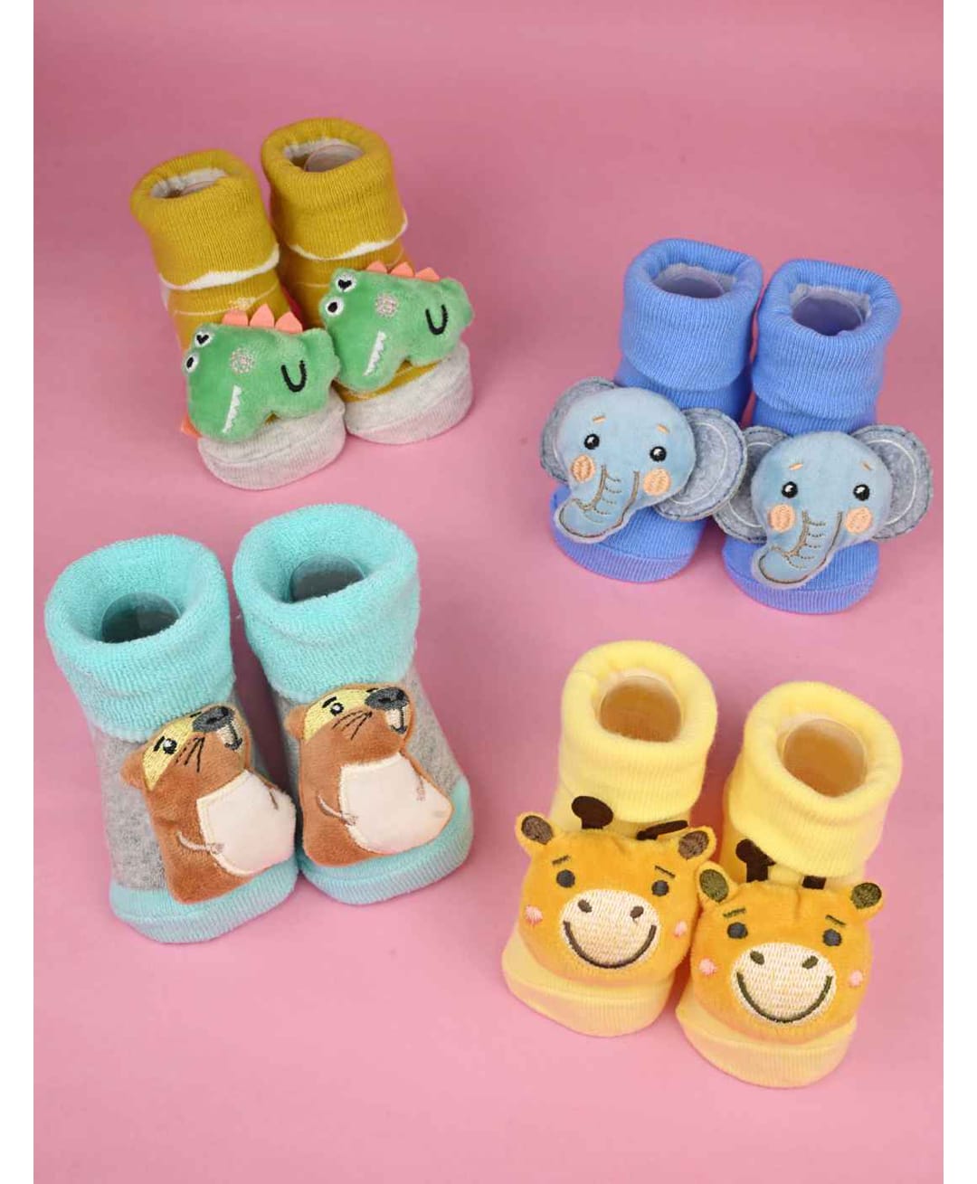 Yellow Bee Cotton Knit Pack Of 4 Animal 3D Applique Detailed Socks - Multi Colour-image-34