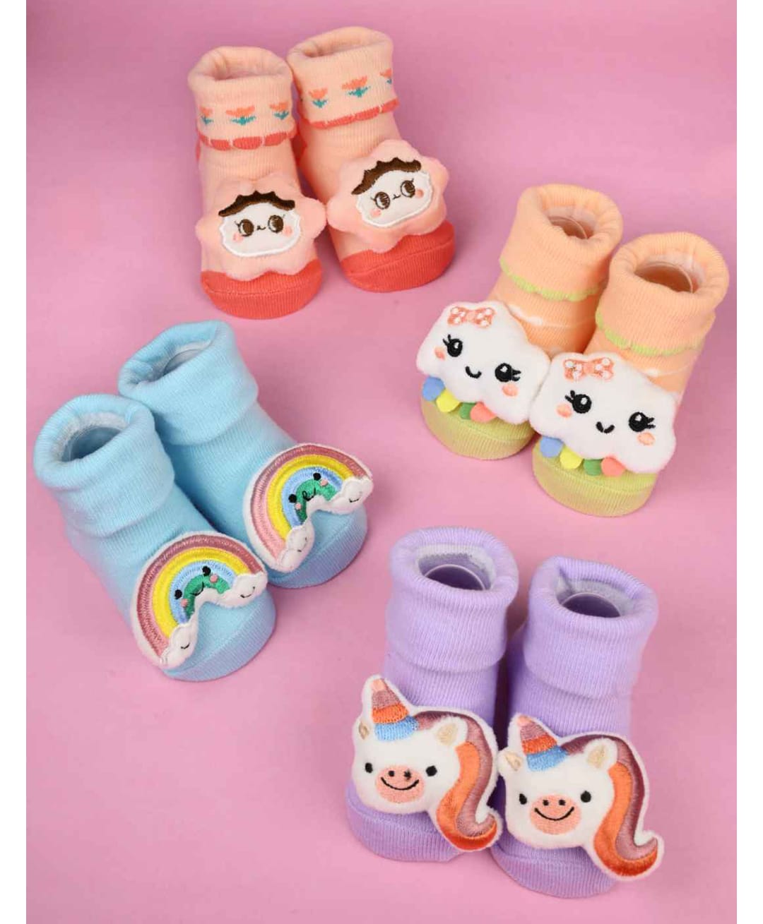 Yellow Bee Cotton Knit Pack Of 4 Unicorn Cloud & Rainbow 3D Applique Detailed Socks - Multi Colour-image-36