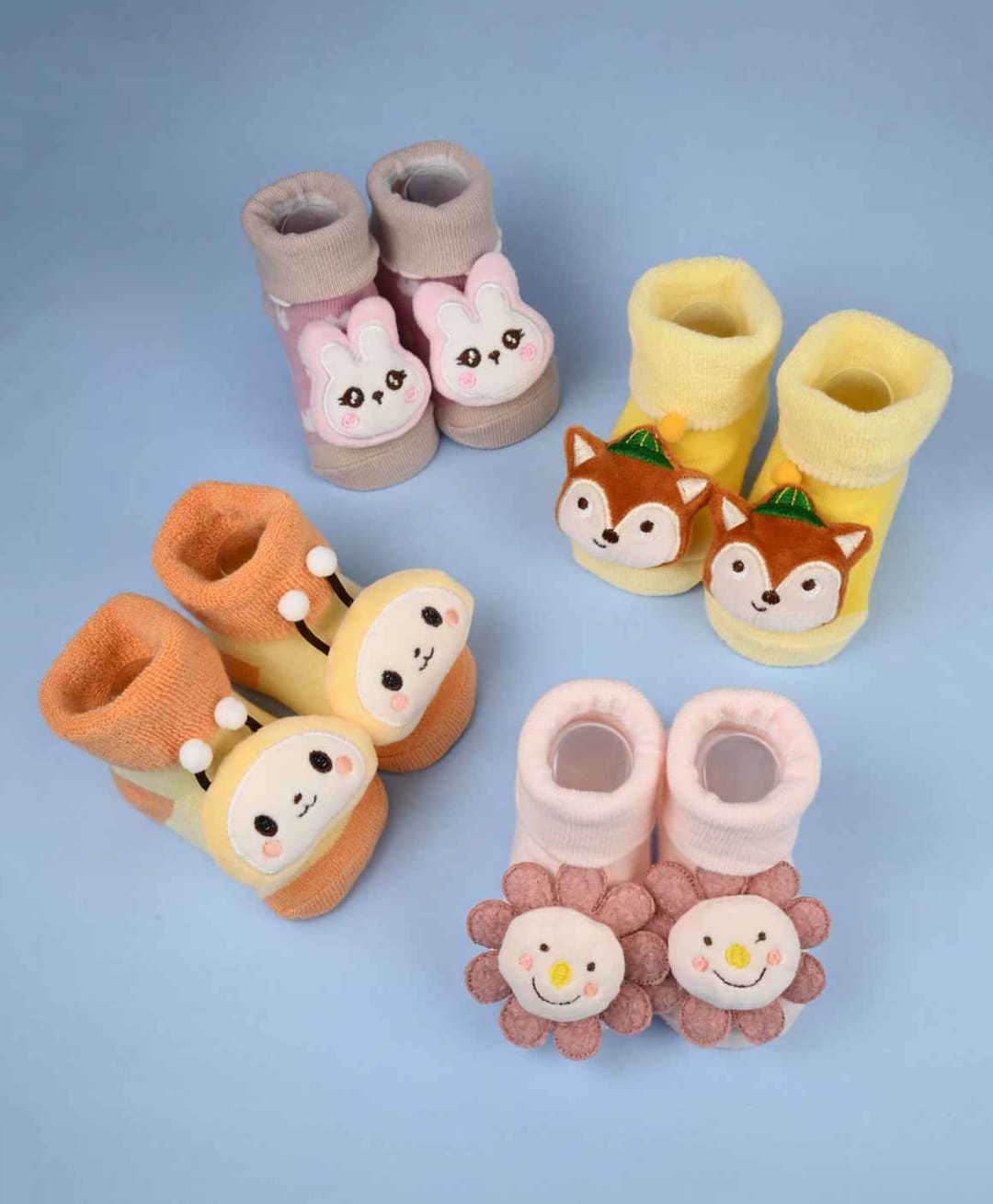Yellow Bee Cotton Knit Pack Of 4 Animal & Floral 3D Applique Detailed Socks - Multi Colour-picture-5