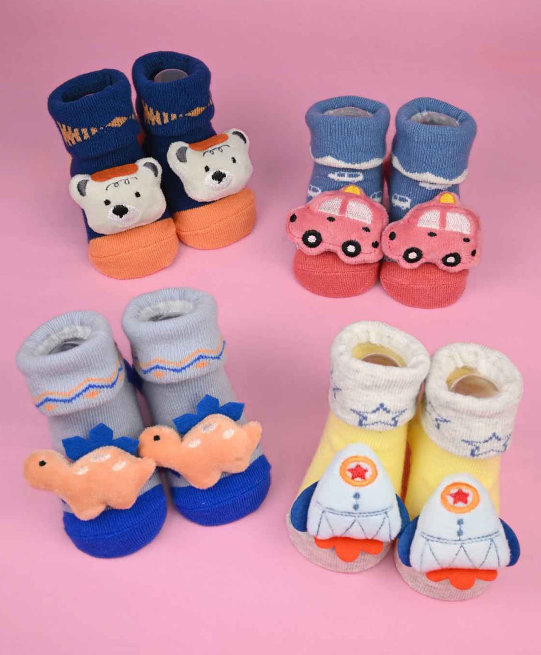 Yellow Bee Cotton Knit Pack Of 4 Animal & Car 3D Applique Detailed Socks - Multi Colour-image-27