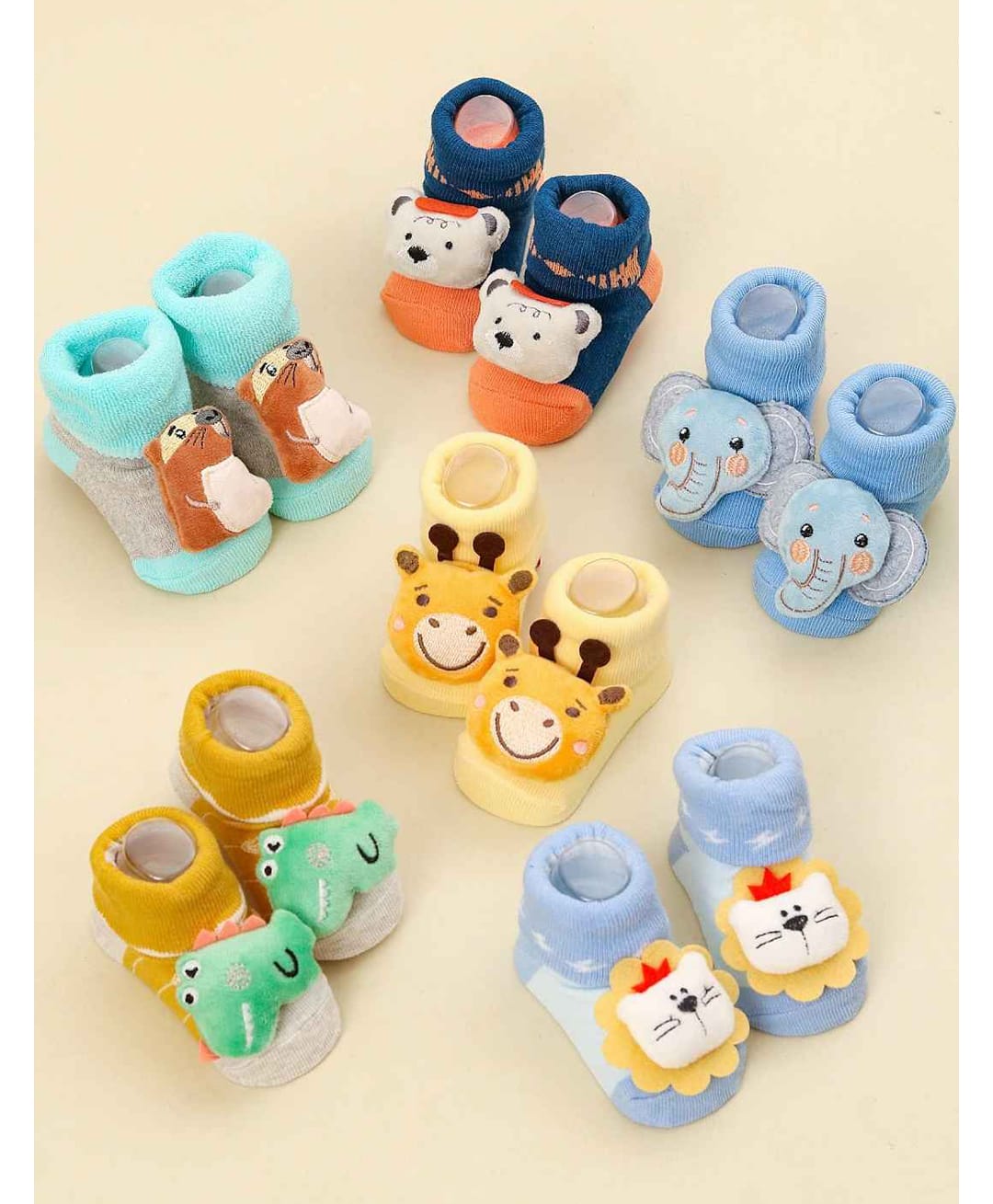 Yellow Bee Cotton Knit Pack Of 6 Elephant Lion & Giraffe 3D Applique Detailed Socks - Multi Colour-image-17