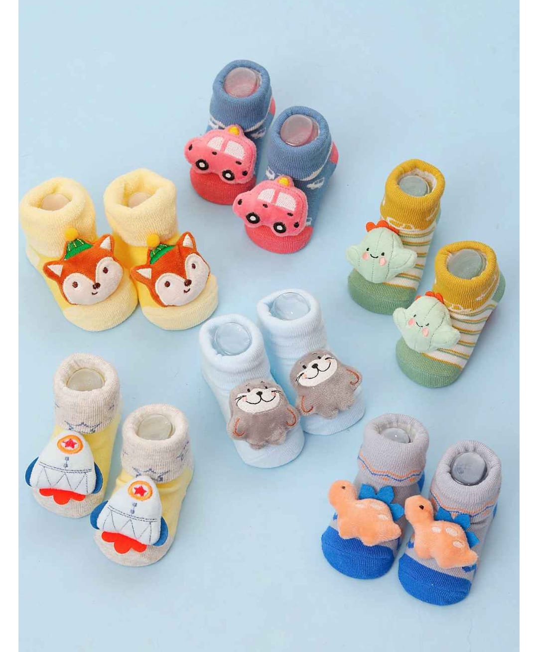 Yellow Bee Cotton Knit Pack Of 6 Animals & Car 3D Applique Detailed Socks - Multi Colour-picture-27