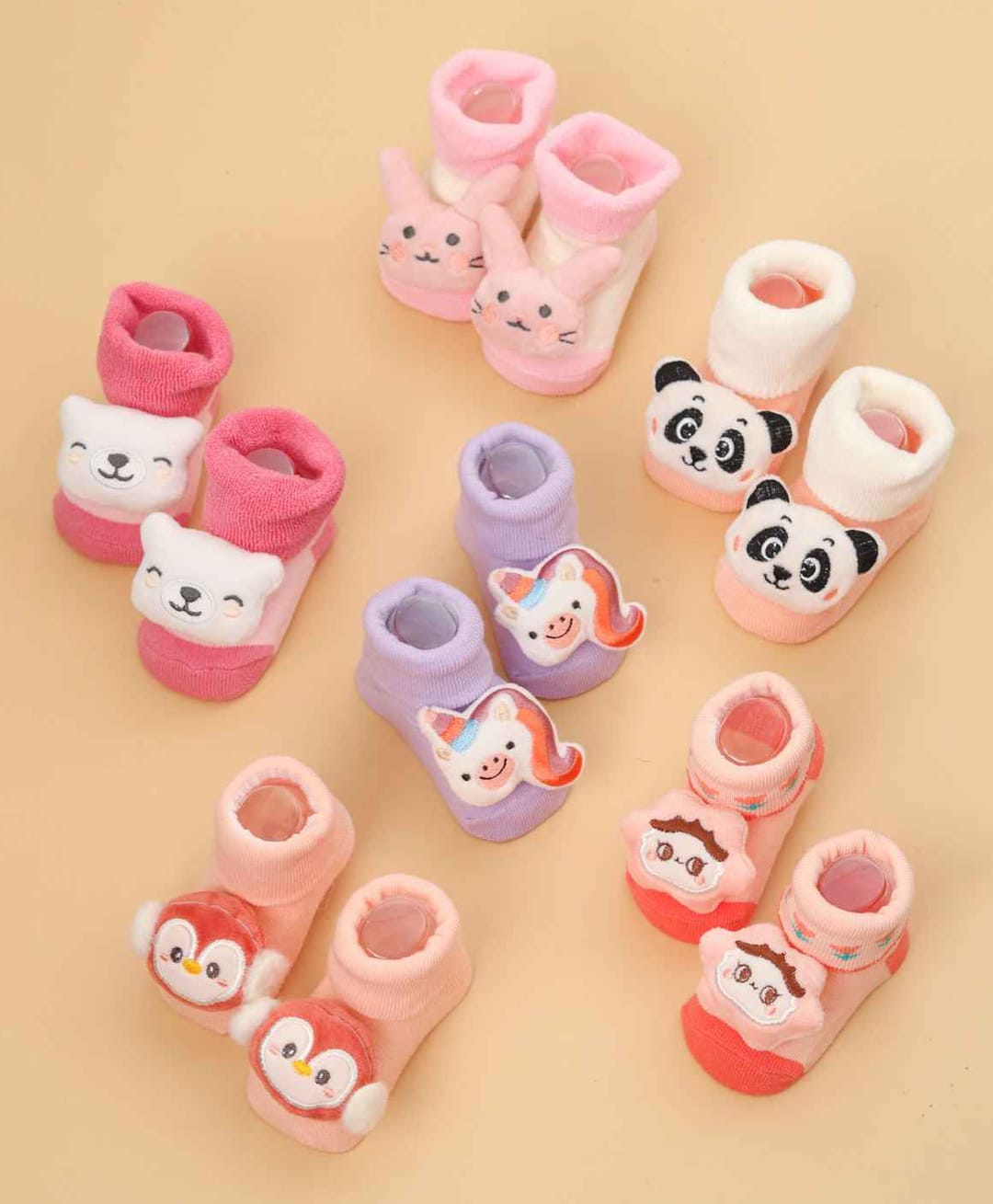 Yellow Bee Cotton Knit Pack Of 6 Panda Unicorn & Star 3D Applique Detailed Socks - Multi Colour-picture-16