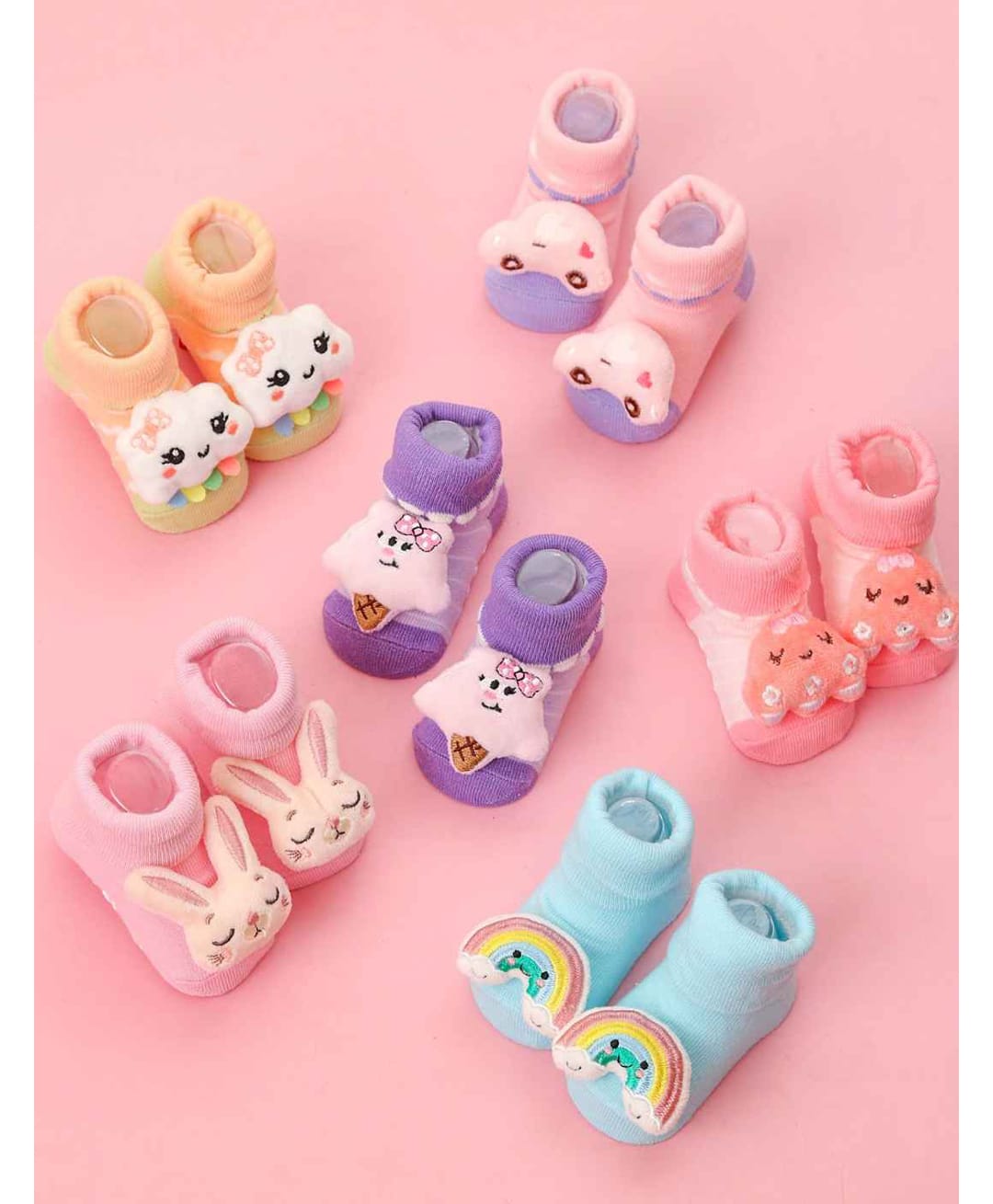 Yellow Bee Cotton Knit Pack Of 6 Cloud Rainbow & Car 3D Applique Detailed Socks - Multi Colour-image-36