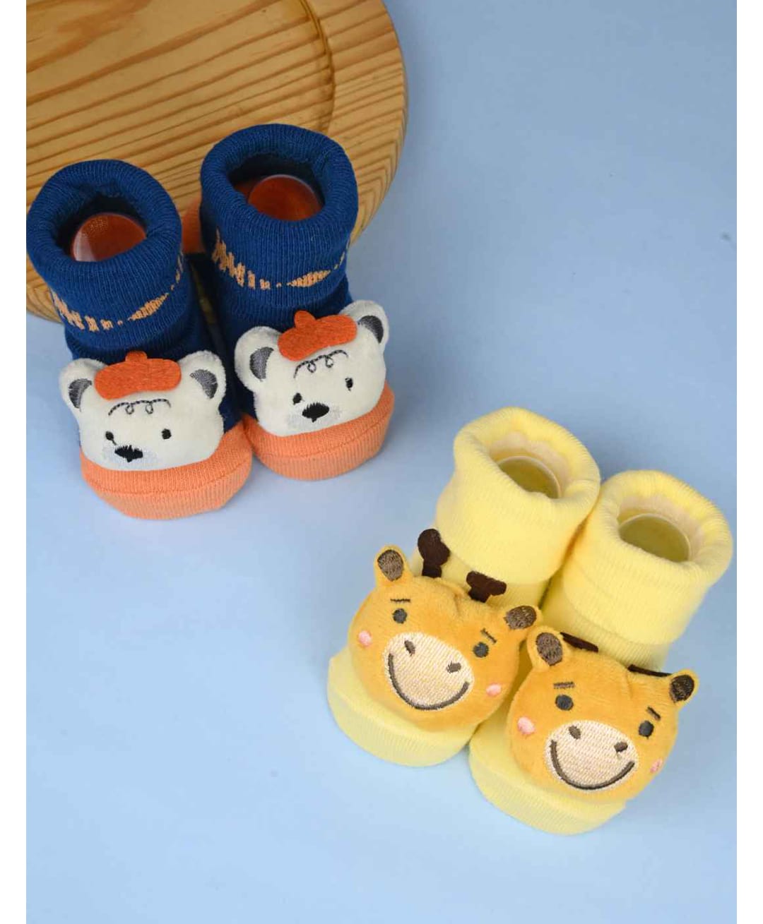 Yellow Bee Cotton Knit Pack Of 2 Bear & Giraffe Applique Detailed Socks - Blue & Yellow-image-9