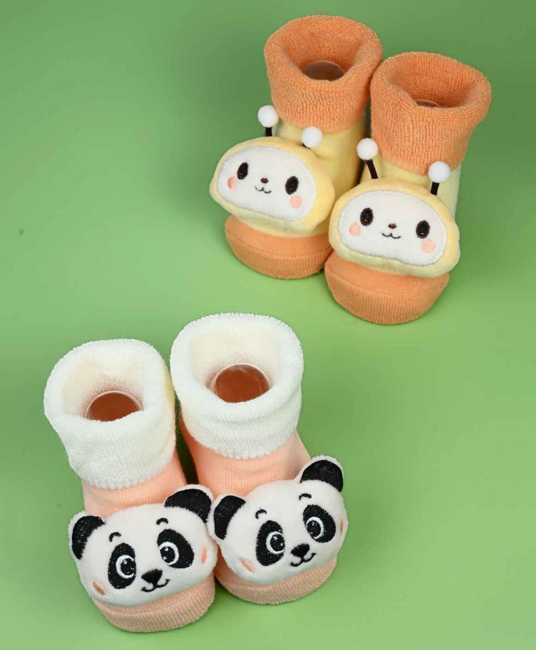 Yellow Bee Cotton Knit Pack Of 2 Panda & Bee Applique Detailed Socks - Peach & Yellow-image-22