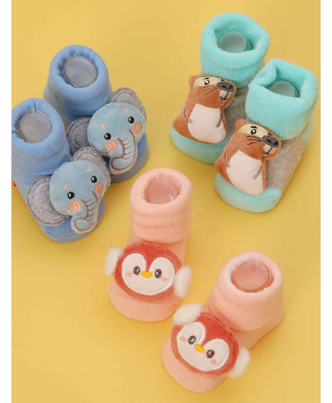 Yellow Bee Cotton Knit Pack Of 3 Animal & Penguin Applique Detailed Socks - Multi Colour-image-31