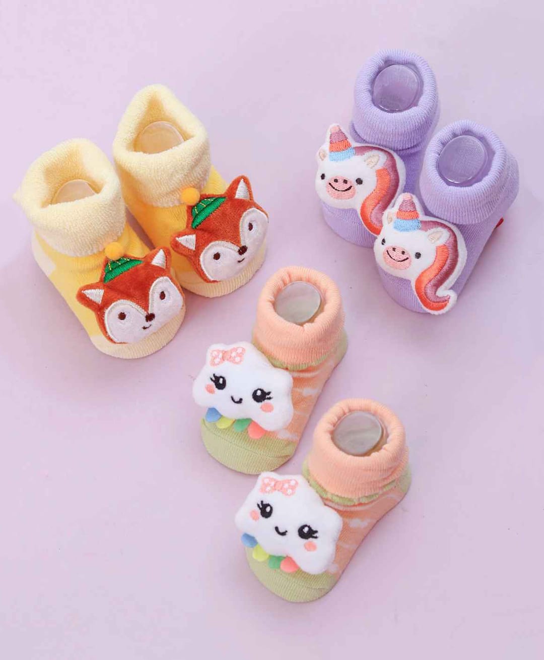 Yellow Bee Cotton Knit Pack Of 3 Fox & Unicorn Applique Detailed Socks - Multi Colour-picture-18