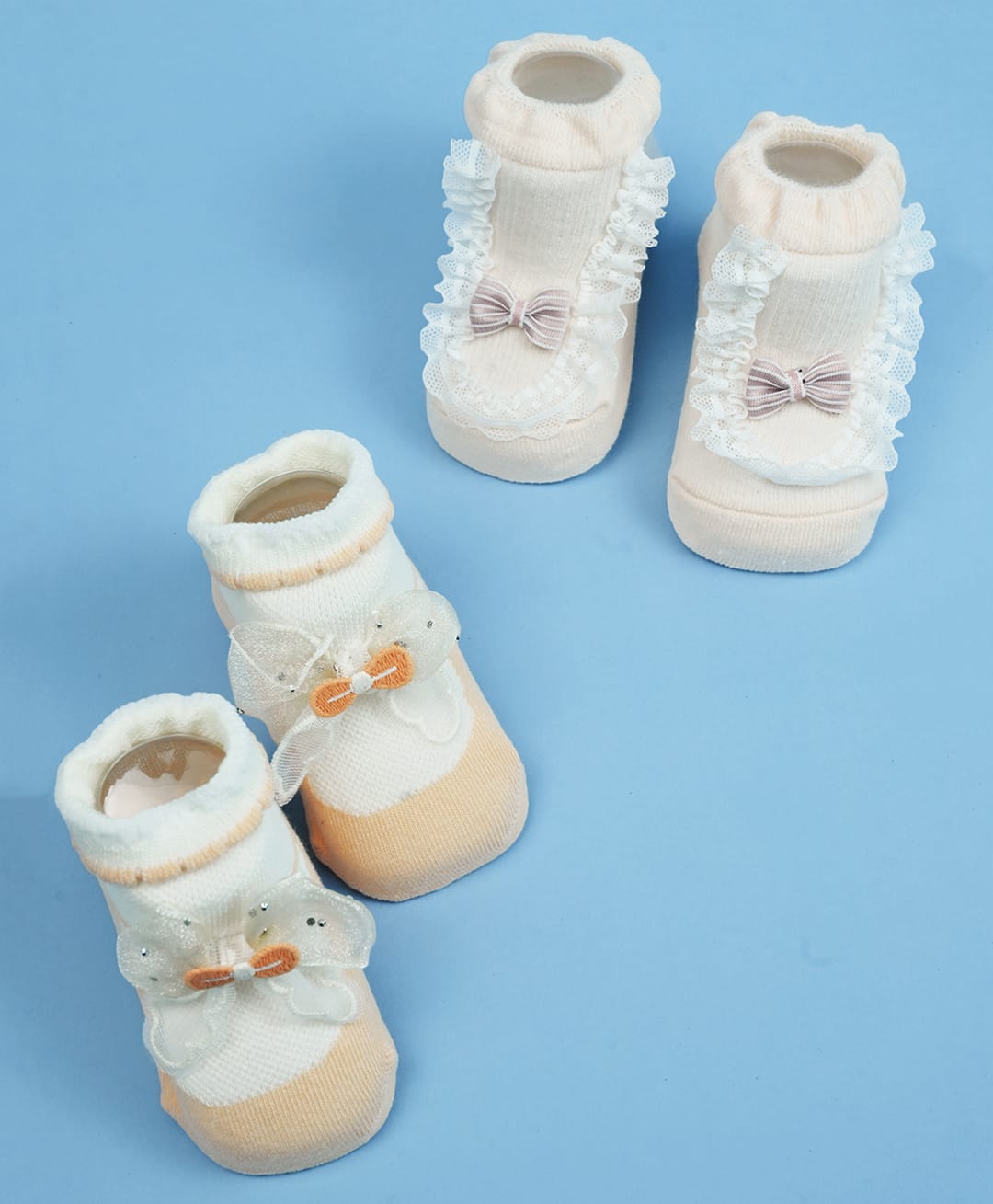 Yellow Bee Cotton Knit Pack Of 2 Bow Applique Frill Detailed Socks - Orange & Peach-image-33