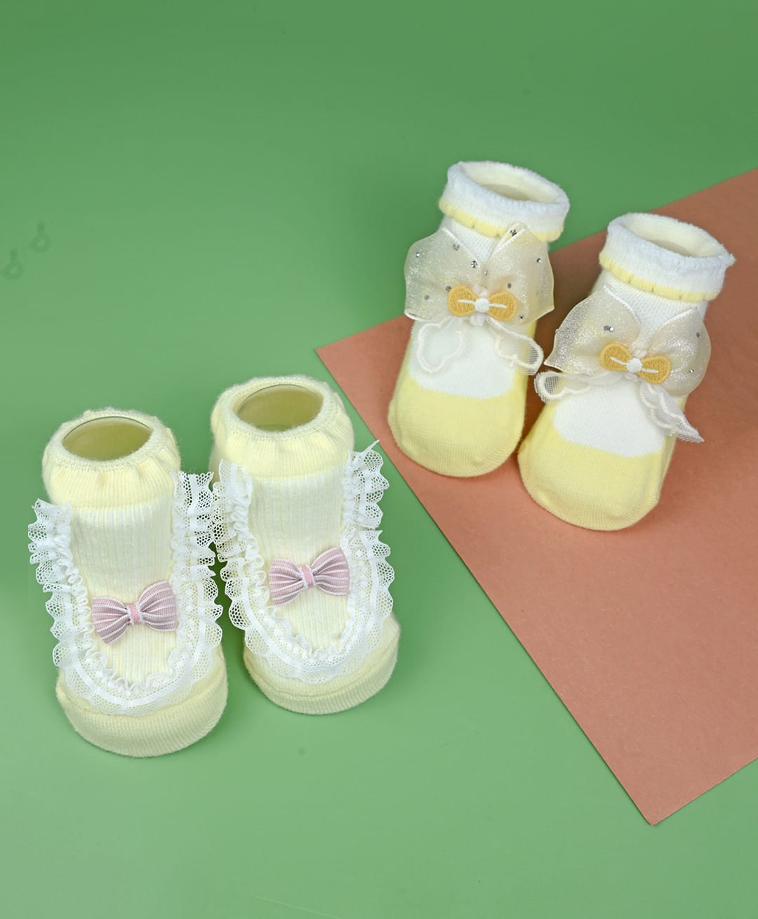 Yellow Bee Cotton Knit Pack Of 2 Bow Applique Frill Detailed Socks - Yellow-picture-18