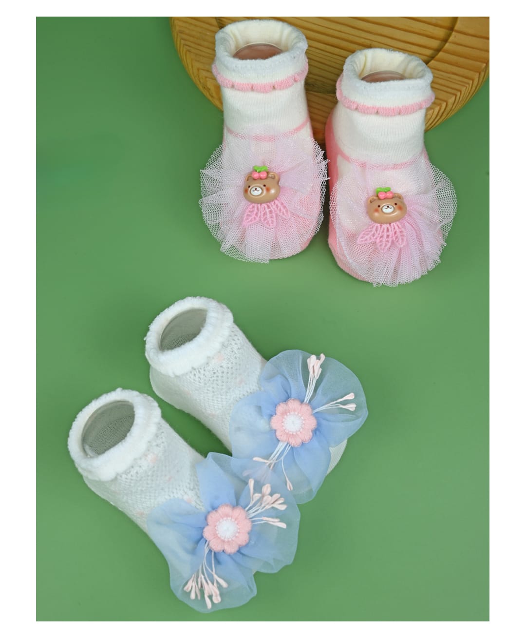 Yellow Bee Cotton Knit Pack Of 2 Floral & Bear Applique Detailed Socks - Blue & Pink-image-23